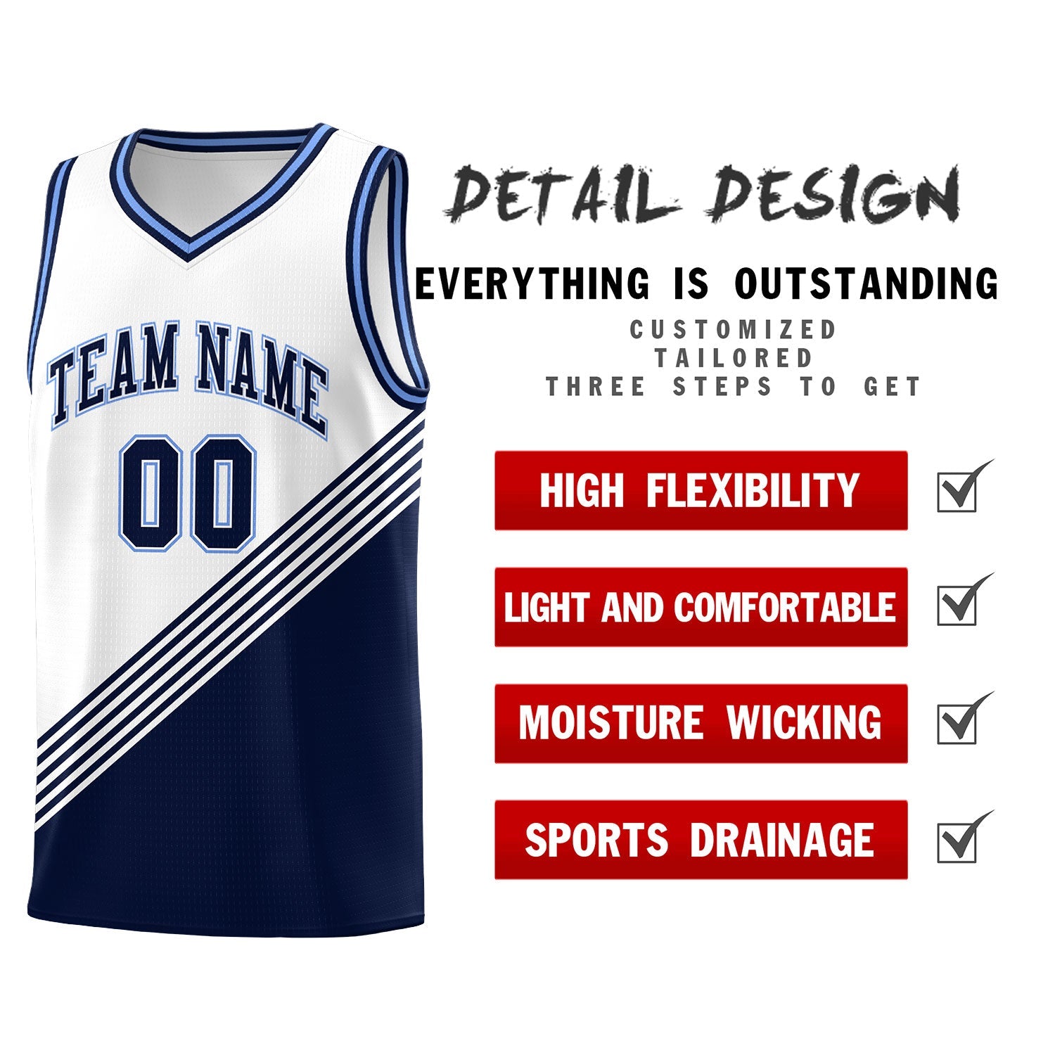 Custom White Navy Light Blue Diagonal Stripes Color Block Sets Basketball Jersey | For Men,For Youth,Sublimation Printed,Perfect for Training,Perfect for Teams | KXKSHOP