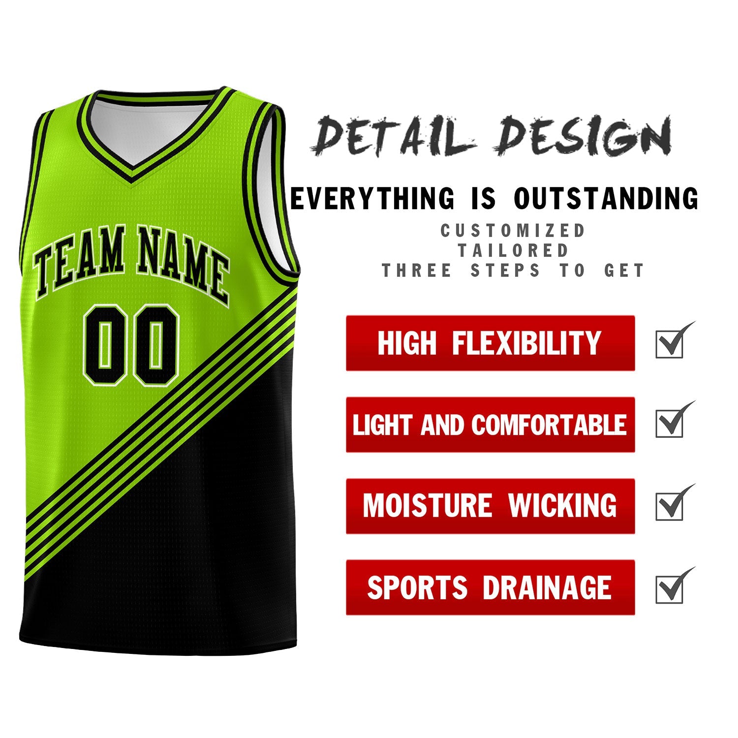 Custom Neon Green Black Diagonal Stripes Color Block Sets Basketball Jersey | For Men,For Youth,Sublimation Printed,Perfect for Training,Perfect for Teams | KXKSHOP