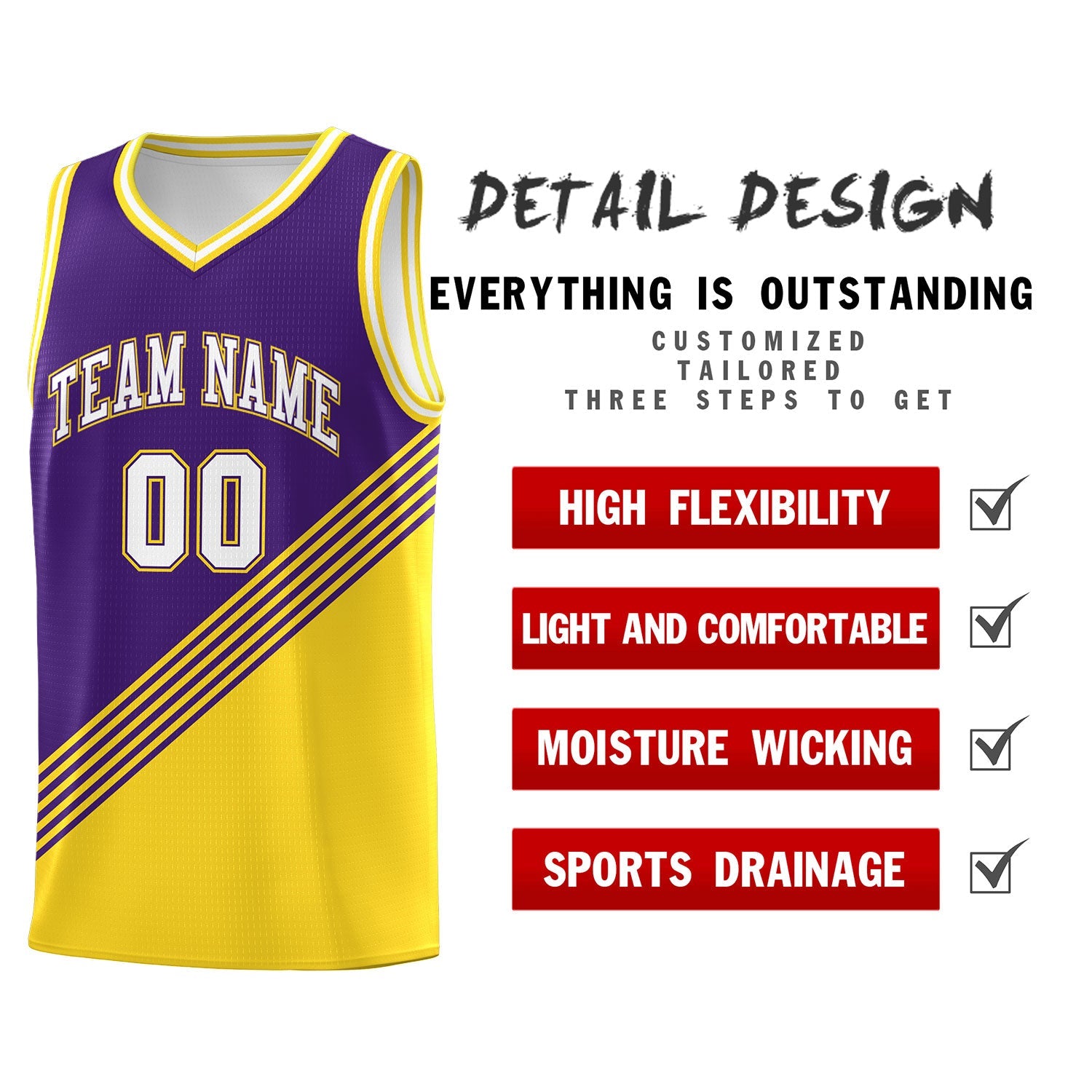 Custom Purple Gold White Diagonal Stripes Color Block Sets Basketball Jersey | For Men,For Youth,Sublimation Printed,Perfect for Training,Perfect for Teams | KXKSHOP