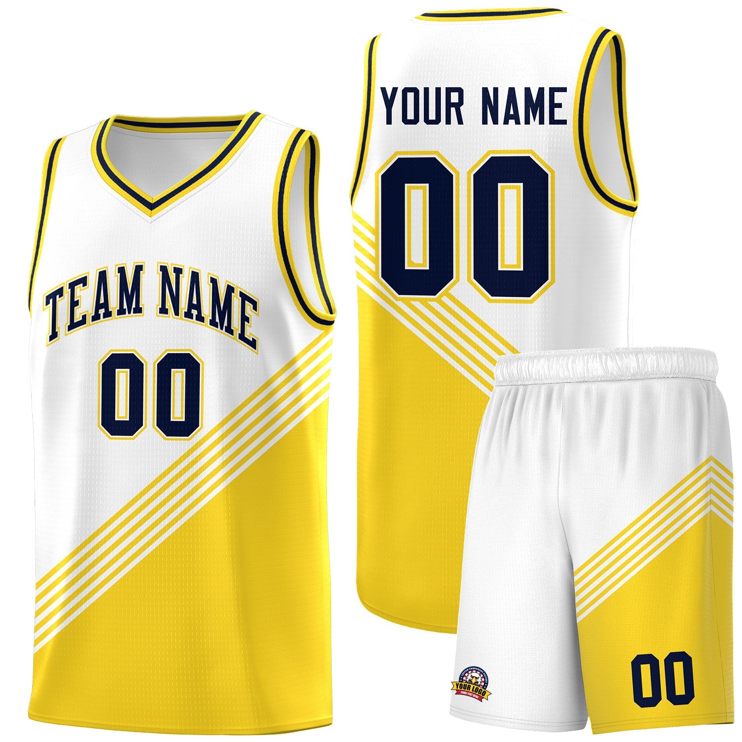 Custom White Gold Navy Diagonal Stripes Color Block Sets Basketball Jersey | For Men,For Youth,Sublimation Printed,Perfect for Training,Perfect for Teams | KXKSHOP