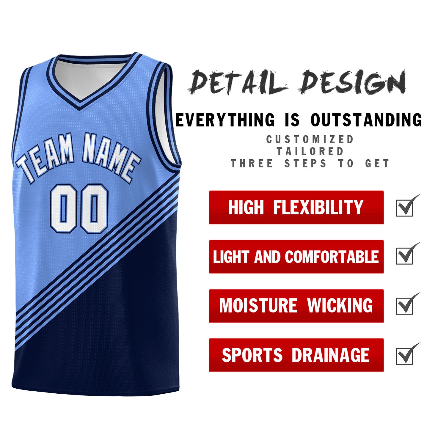 Custom Light Blue Navy Diagonal Stripes Color Block Sets Basketball Jersey | For Men,For Youth,Sublimation Printed,Perfect for Training,Perfect for Teams | KXKSHOP
