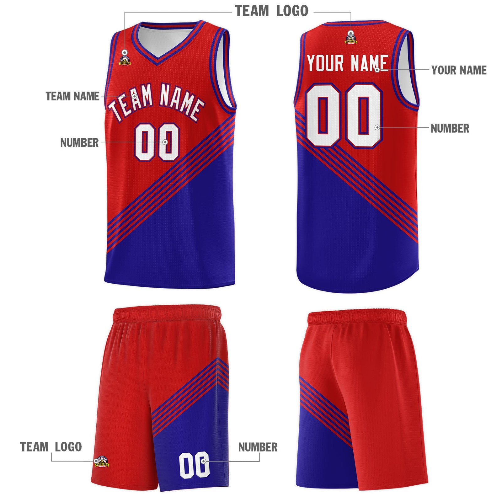 Custom Red Royal Blue Diagonal Stripes Color Block Sets Basketball Jersey | For Men,For Youth,Sublimation Printed,Perfect for Training,Perfect for Teams | KXKSHOP