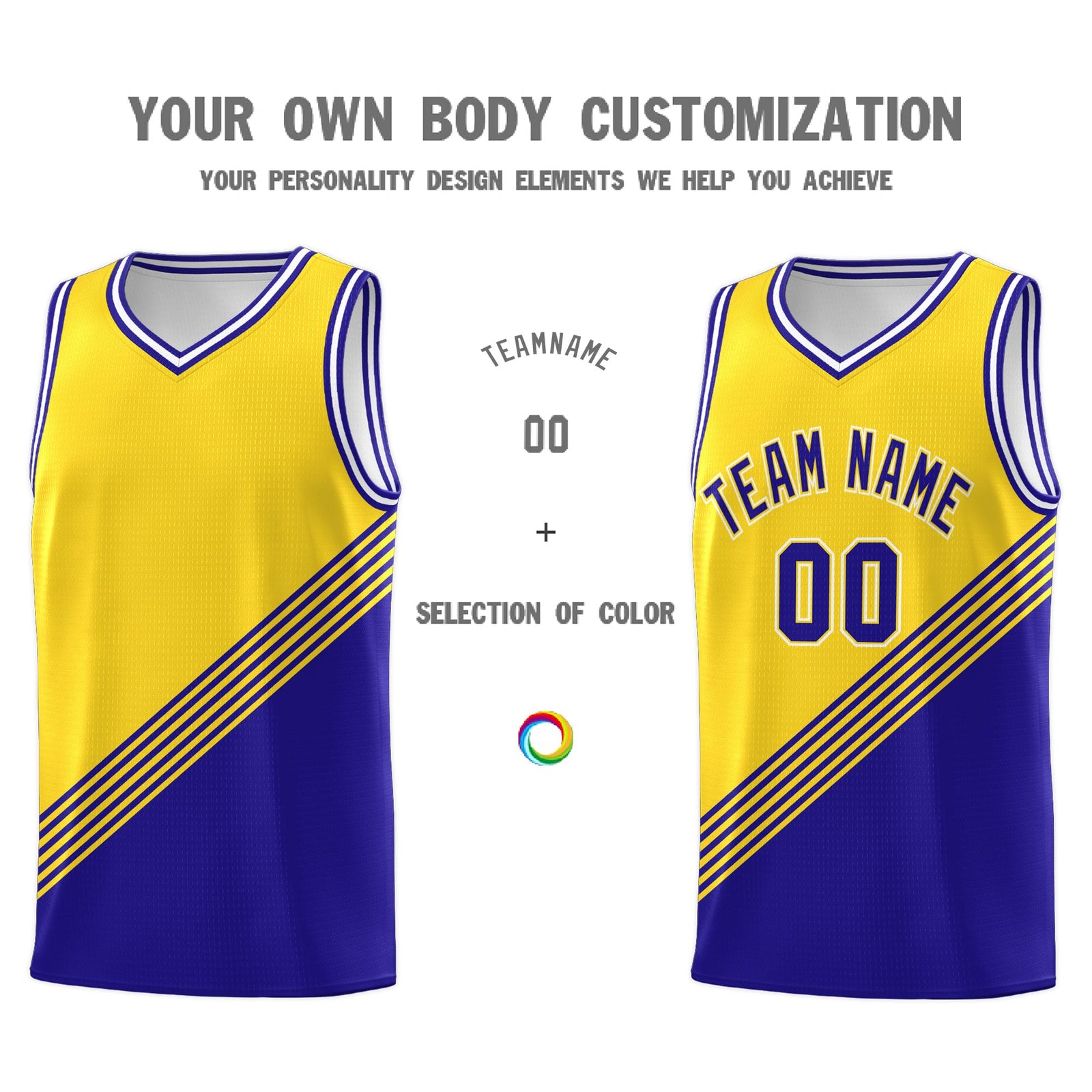 Custom Gold Royal Blue White Diagonal Stripes Color Block Sets Basketball Jersey | For Men,For Youth,Sublimation Printed,Perfect for Training,Perfect for Teams | KXKSHOP