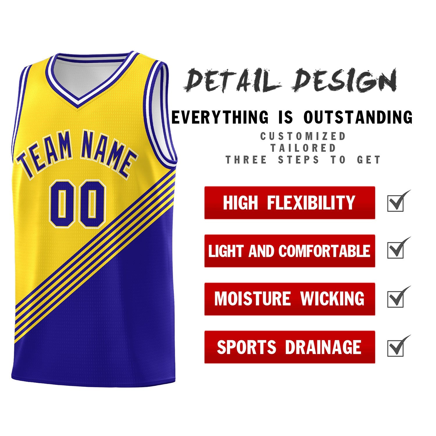 Custom Gold Royal Blue White Diagonal Stripes Color Block Sets Basketball Jersey | For Men,For Youth,Sublimation Printed,Perfect for Training,Perfect for Teams | KXKSHOP