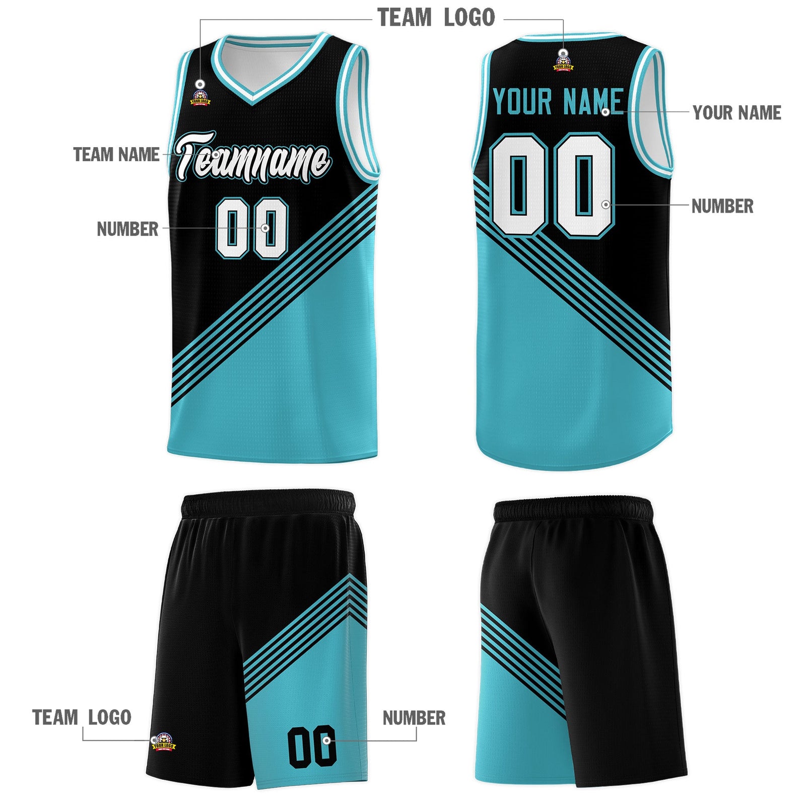 Custom Black Sky Blue White Diagonal Stripes Color Block Sets Basketball Jersey | For Men,For Youth,Sublimation Printed,Perfect for Training,Perfect for Teams | KXKSHOP