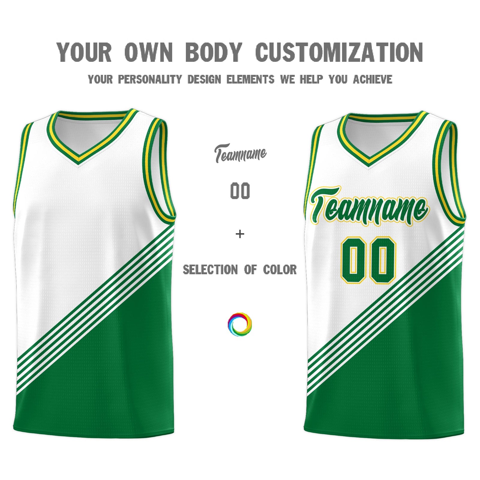 Custom White Kelly Green Gold Diagonal Stripes Color Block Sets Basketball Jersey | For Men,For Youth,Sublimation Printed,Perfect for Training,Perfect for Teams | KXKSHOP