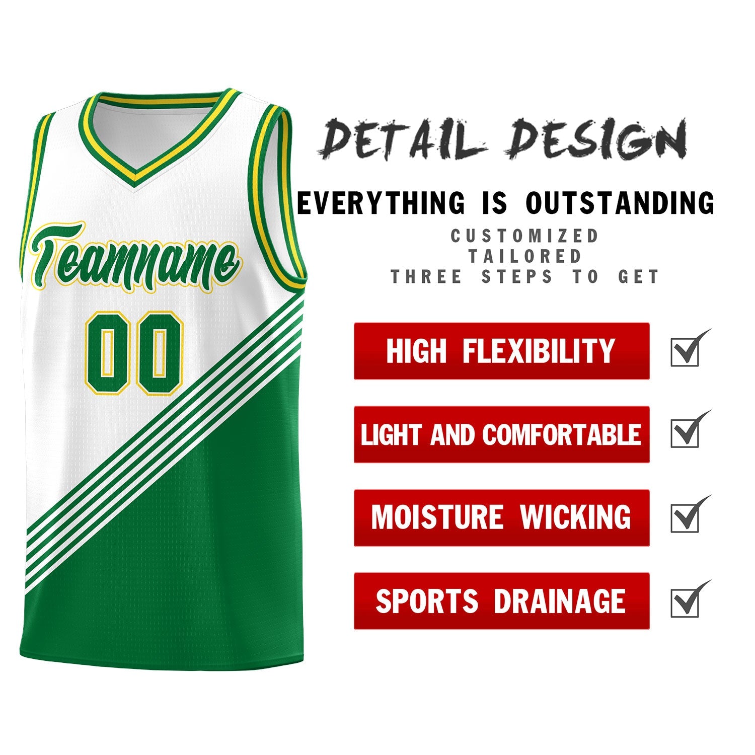 Custom White Kelly Green Gold Diagonal Stripes Color Block Sets Basketball Jersey | For Men,For Youth,Sublimation Printed,Perfect for Training,Perfect for Teams | KXKSHOP