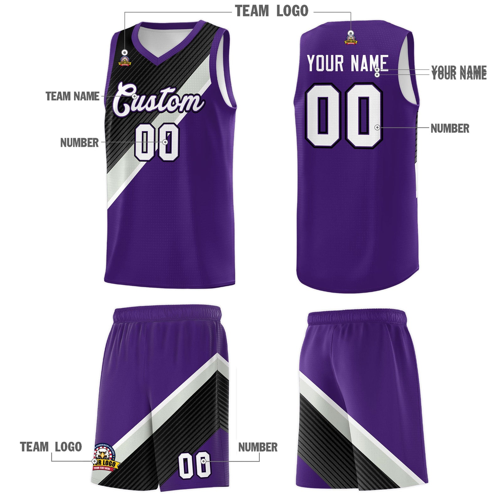 Custom Purple Black Gray Diagonal Stripes Color Block Sets Basketball Jersey | For Men,Perfect for Teams,Perfect for Coaches,Sublimation Printed,For Kid,For Youth | KXKSHOP