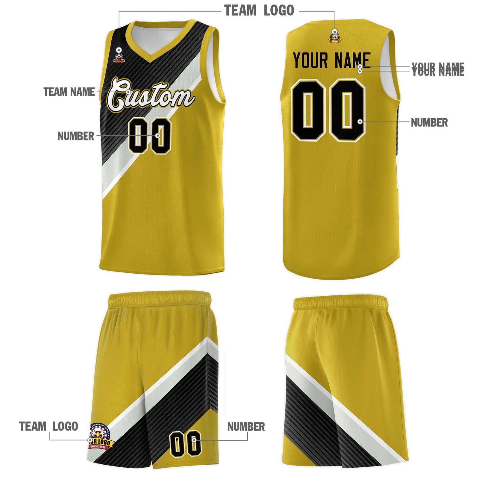Custom Old Gold Black Gray Diagonal Stripes Color Block Sets Basketball Jersey | For Men,Perfect for Teams,Perfect for Coaches,Sublimation Printed,For Kid,For Youth | KXKSHOP