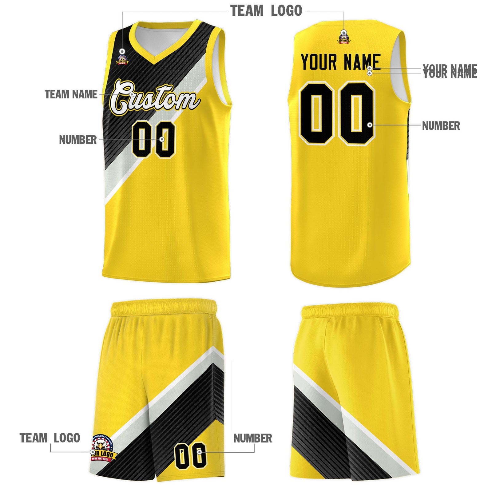 Custom Gold Black Gray Diagonal Stripes Color Block Sets Basketball Jersey | For Men,Perfect for Teams,Perfect for Coaches,Sublimation Printed,For Kid,For Youth | KXKSHOP