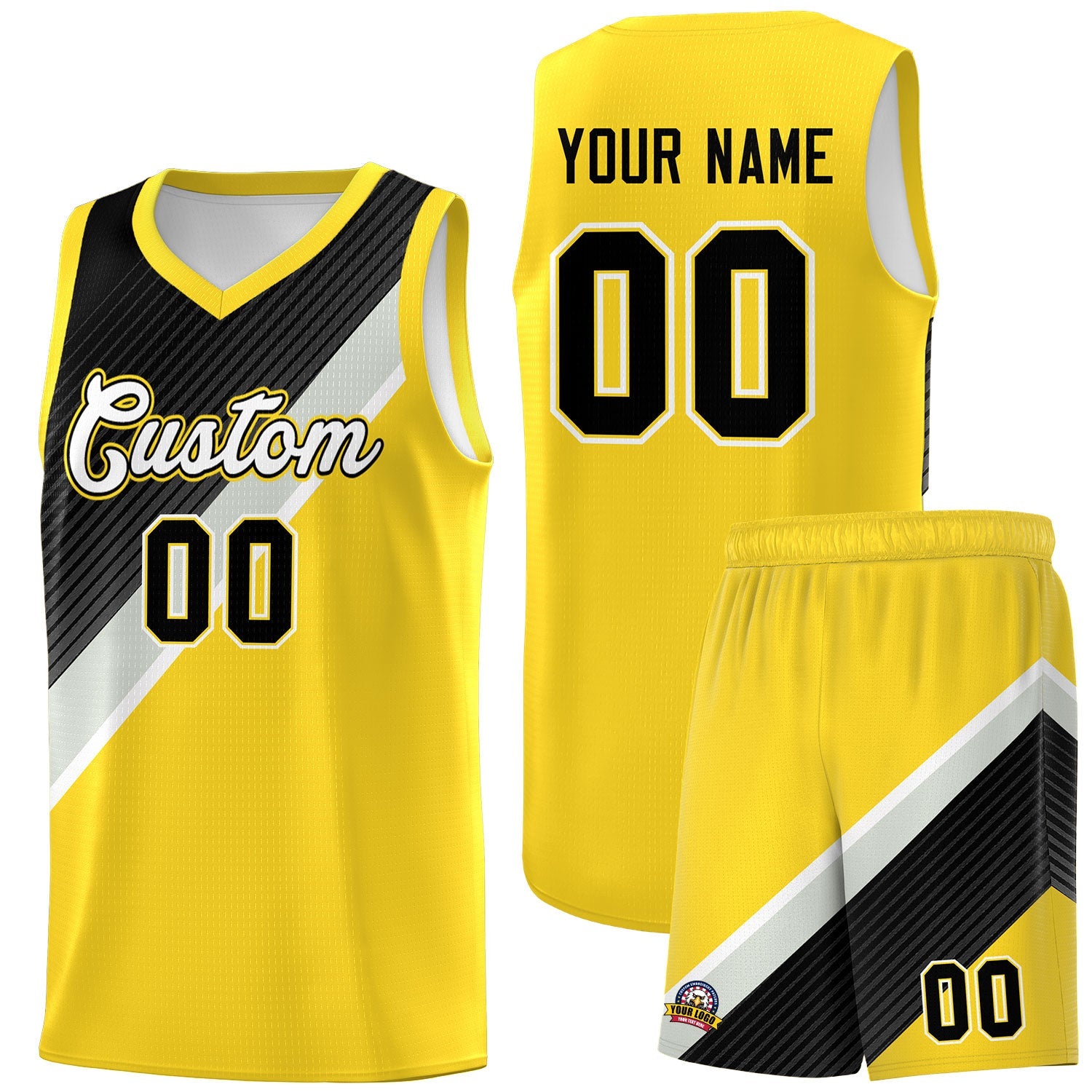 Custom Gold Black Gray Diagonal Stripes Color Block Sets Basketball Jersey | For Men,Perfect for Teams,Perfect for Coaches,Sublimation Printed,For Kid,For Youth | KXKSHOP