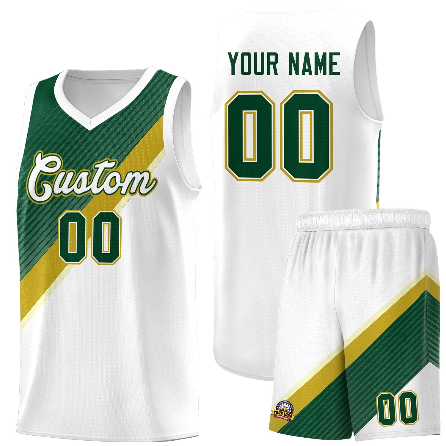 Custom White Hunter Green Old Gold Diagonal Stripes Color Block Sets Basketball Jersey | For Men,Perfect for Teams,Perfect for Coaches,Sublimation Printed,For Kid,For Youth | KXKSHOP