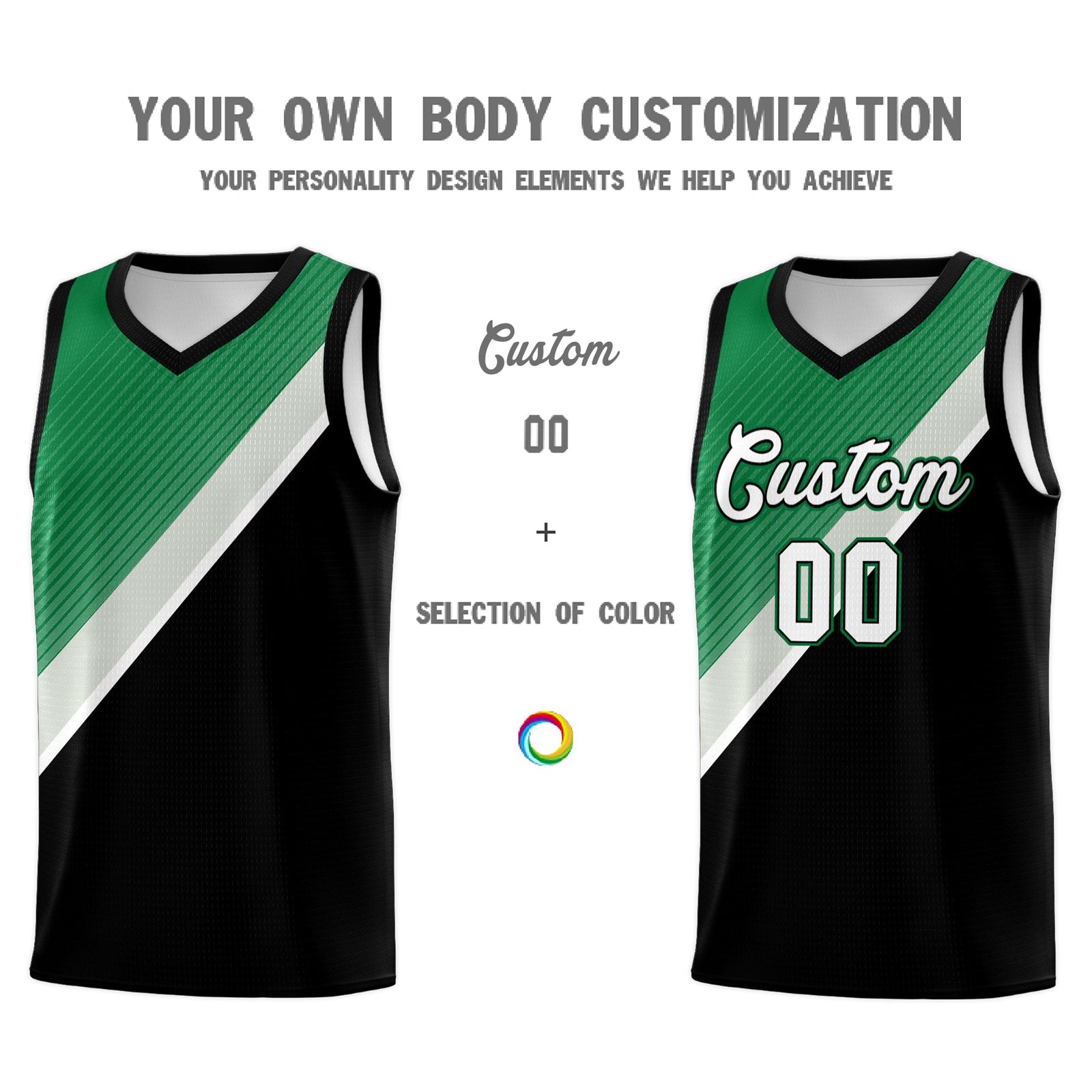 Custom Black Kelly Green Gray Diagonal Stripes Color Block Sets Basketball Jersey | For Men,Perfect for Teams,Perfect for Coaches,Sublimation Printed,For Kid,For Youth | KXKSHOP