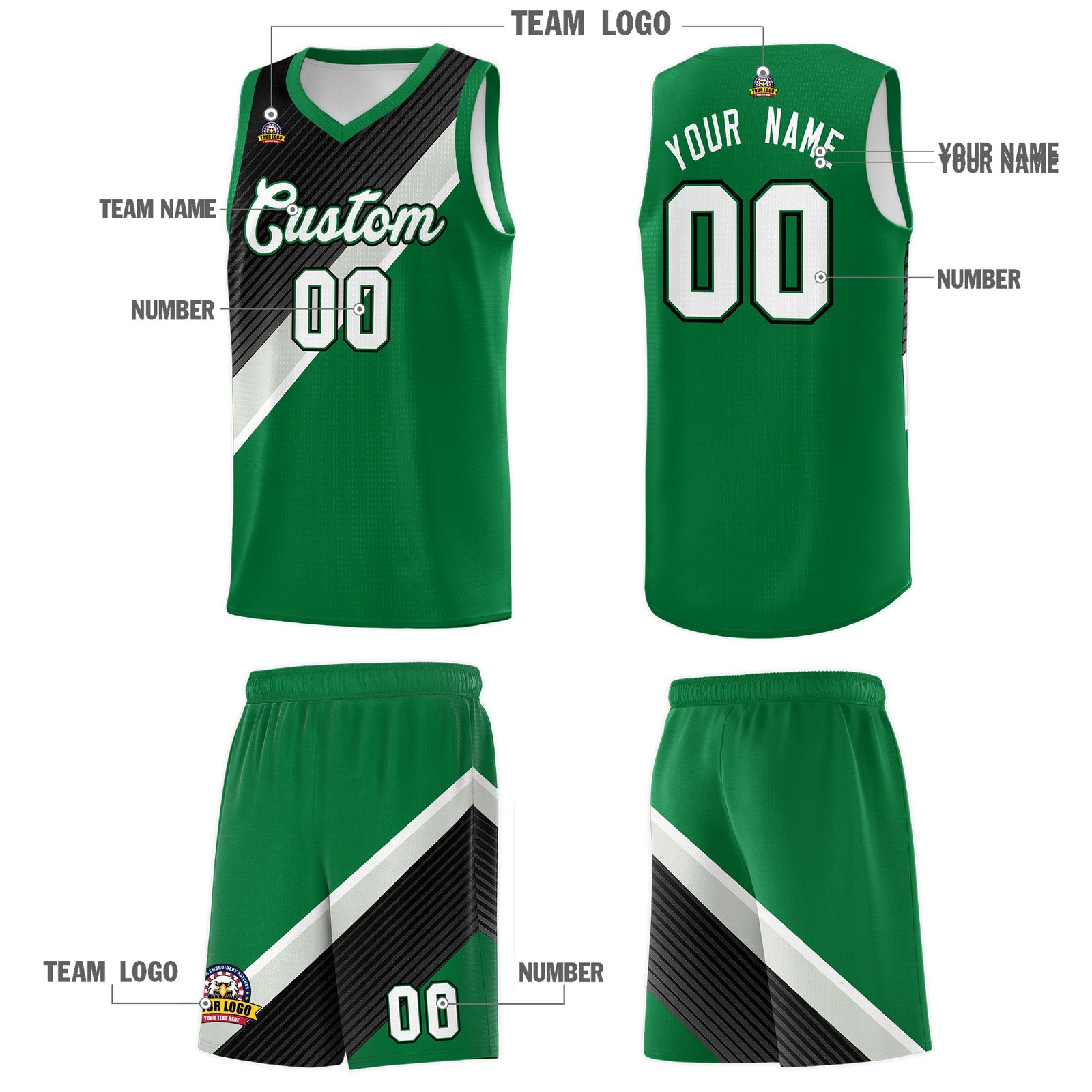 Custom Kelly Green Black Gray Diagonal Stripes Color Block Sets Basketball Jersey | For Men,Perfect for Teams,Perfect for Coaches,Sublimation Printed,For Kid,For Youth | KXKSHOP