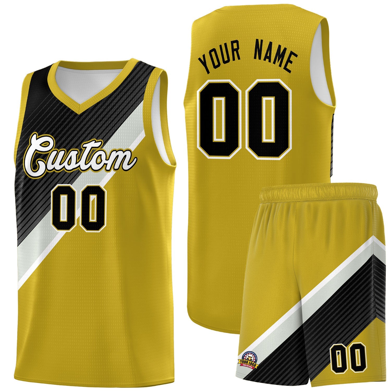 Custom Old Gold Black Gray Diagonal Stripes Color Block Sets Basketball Jersey | For Men,Perfect for Teams,Perfect for Coaches,Sublimation Printed,For Kid,For Youth | KXKSHOP