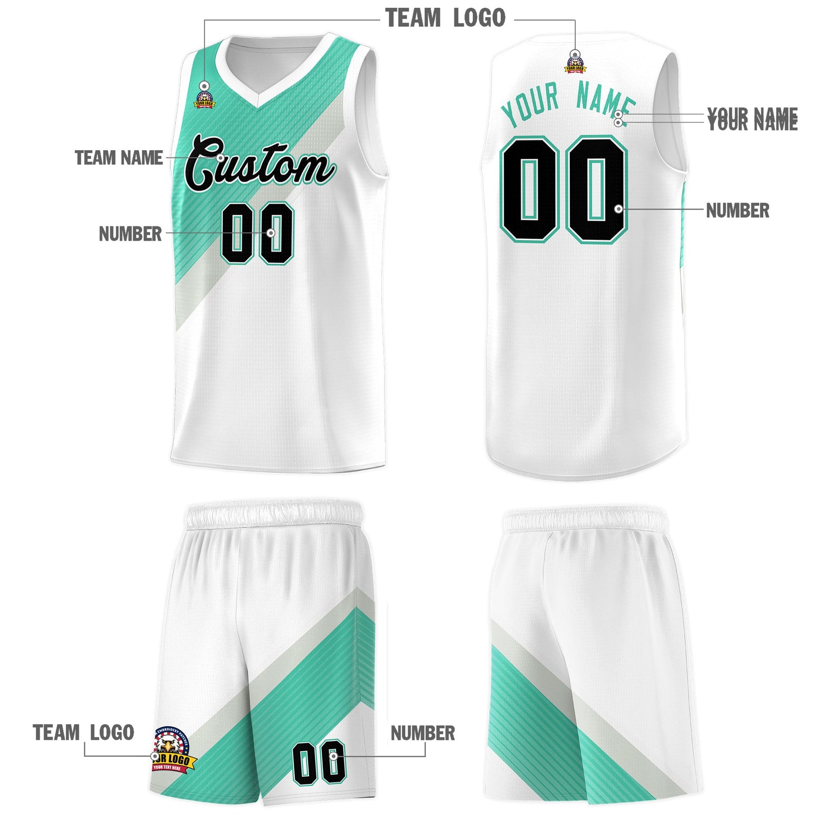 Custom White Bright Green Gray Diagonal Stripes Color Block Sets Basketball Jersey | For Men,Perfect for Teams,Perfect for Coaches,Sublimation Printed,For Kid,For Youth | KXKSHOP