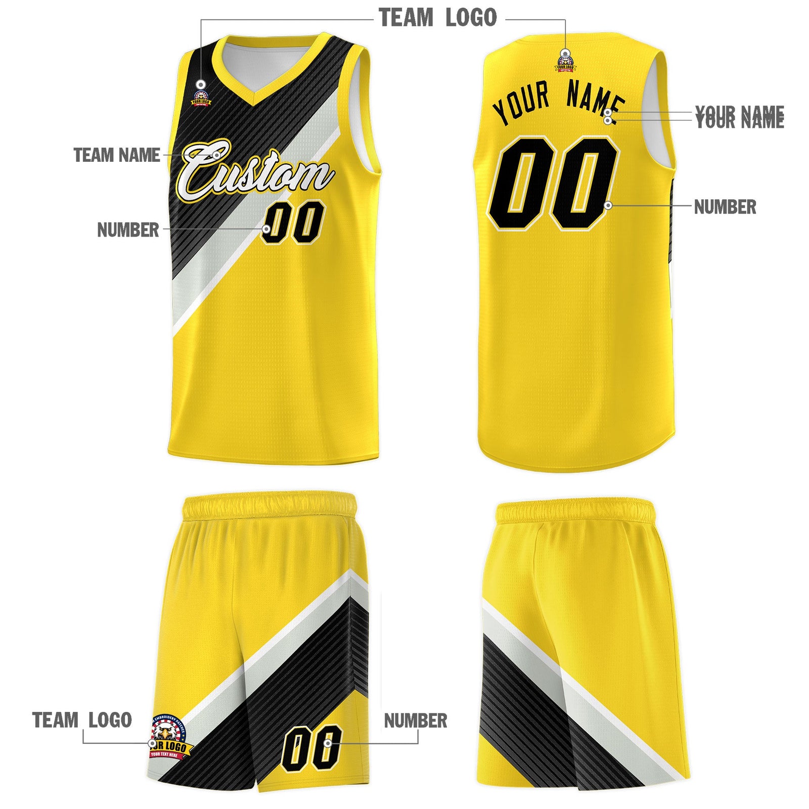 Custom Gold Black Gray Diagonal Stripes Color Block Sets Basketball Jersey | For Men,Perfect for Teams,Perfect for Coaches,Sublimation Printed,For Kid,For Youth | KXKSHOP