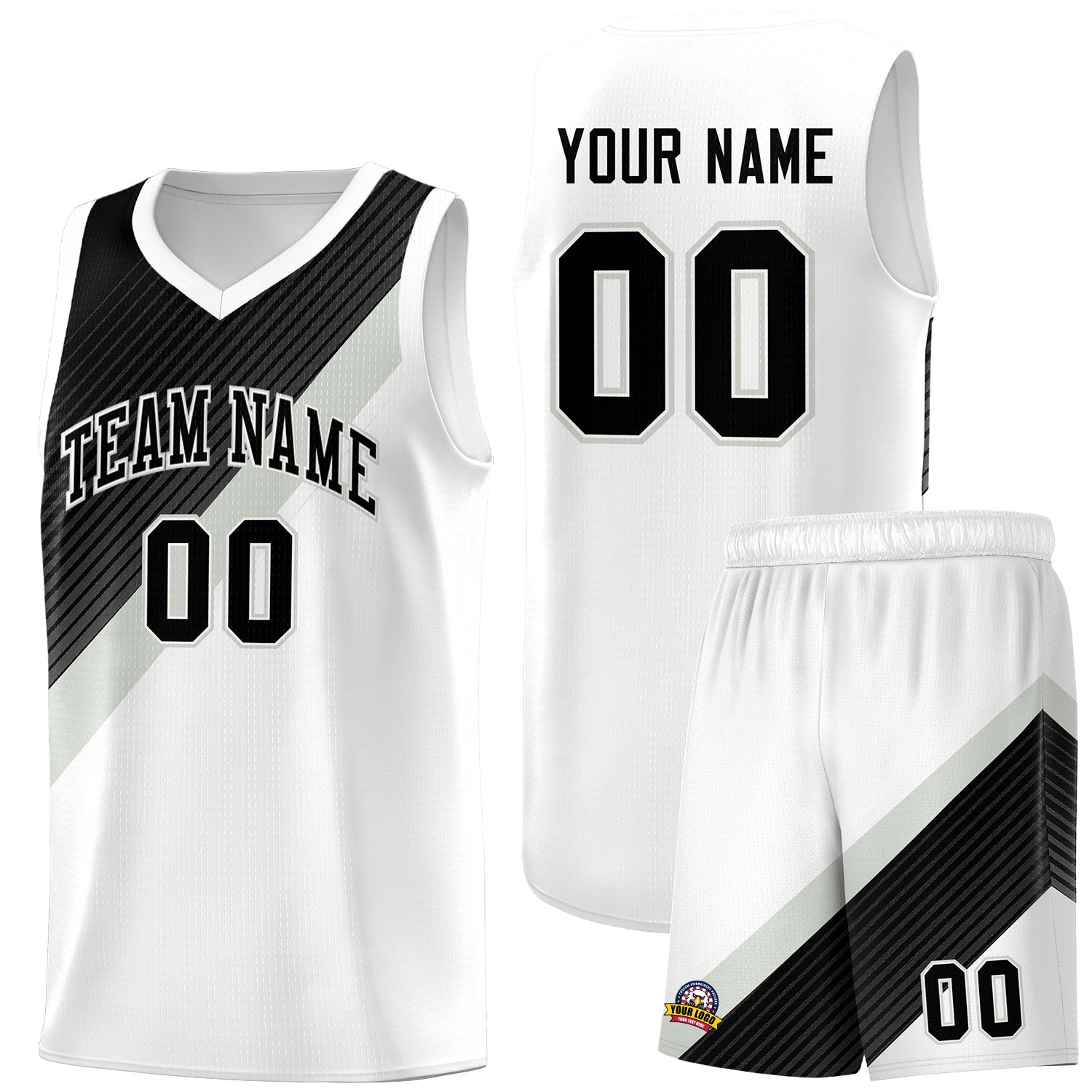 Custom White Black Gray Diagonal Stripes Color Block Sets Basketball Jersey | For Men,Perfect for Teams,Perfect for Coaches,Sublimation Printed,For Kid,For Youth | KXKSHOP