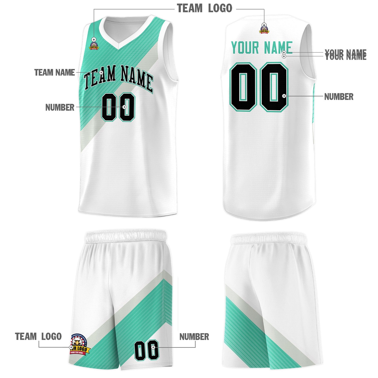 Custom White Bright Green Gray Diagonal Stripes Color Block Sets Basketball Jersey | For Men,Perfect for Teams,Perfect for Coaches,Sublimation Printed,For Kid,For Youth | KXKSHOP