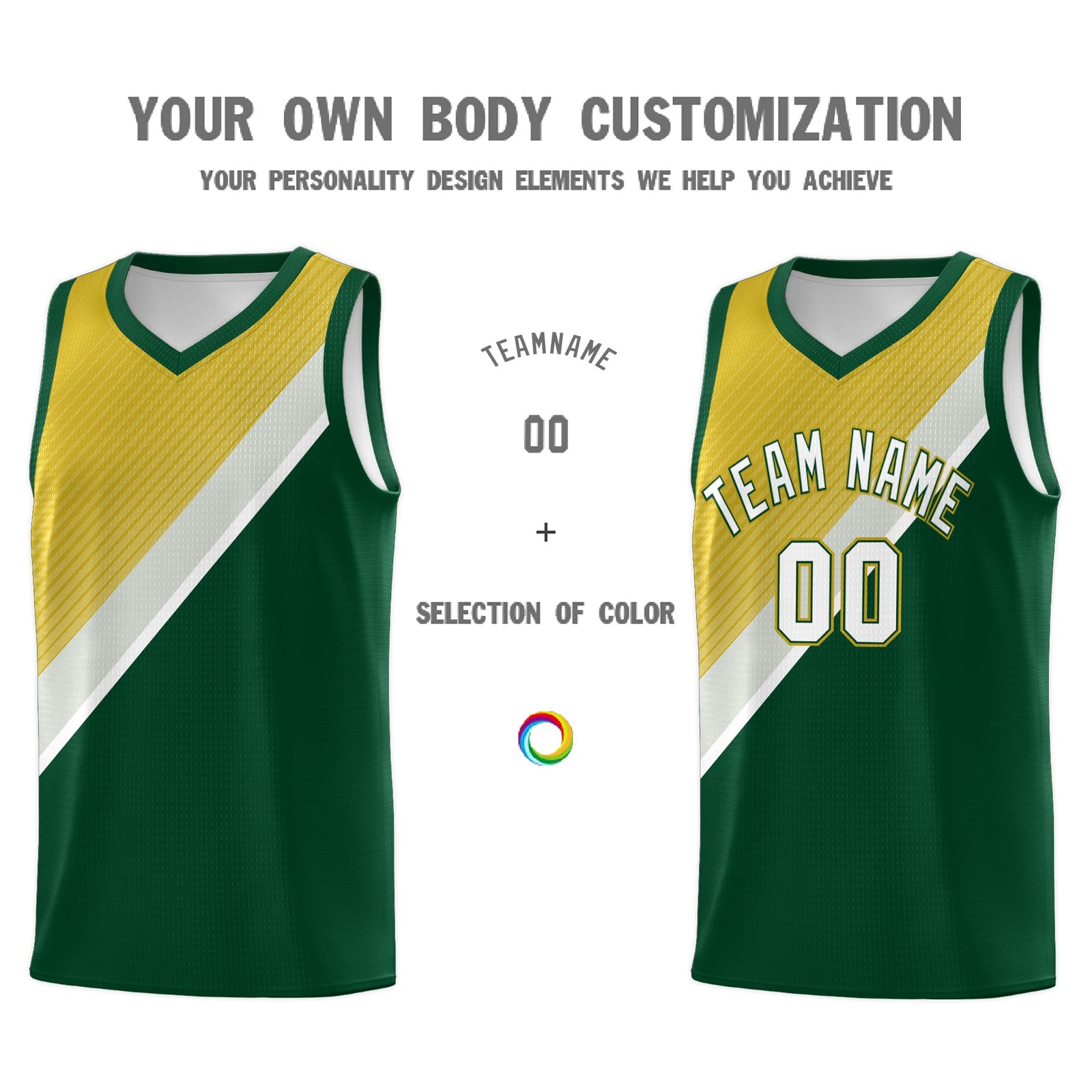 Custom Hunter Green Old Gold Gray Diagonal Stripes Color Block Sets Basketball Jersey | For Men,Perfect for Teams,Perfect for Coaches,Sublimation Printed,For Kid,For Youth | KXKSHOP