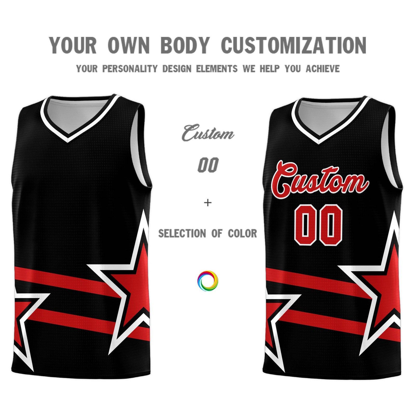 Custom Black Basketball Kits With Red Star Pattern And Double Lines