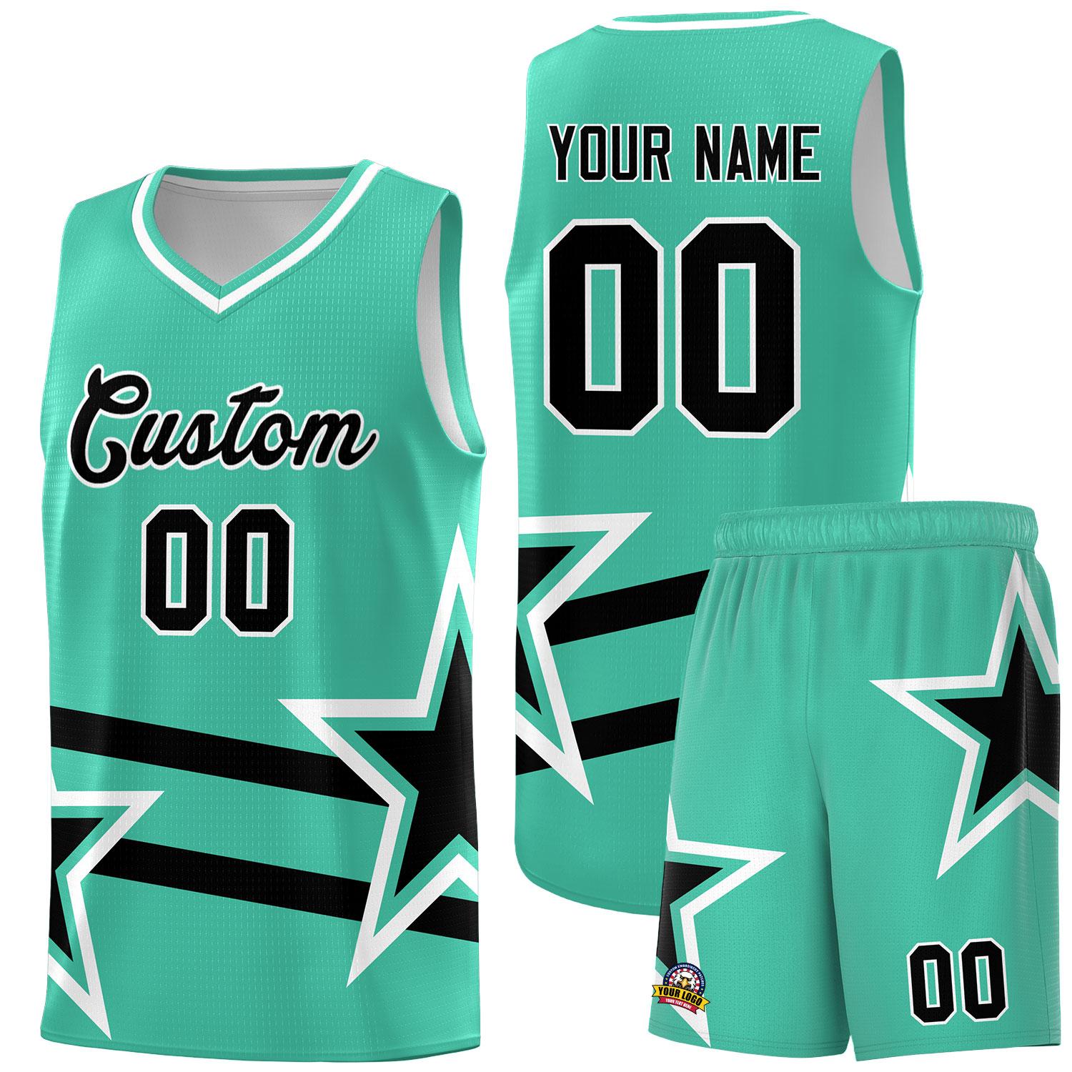 Custom Bright Green Basketball Kits With Black Star Pattern And Double Lines