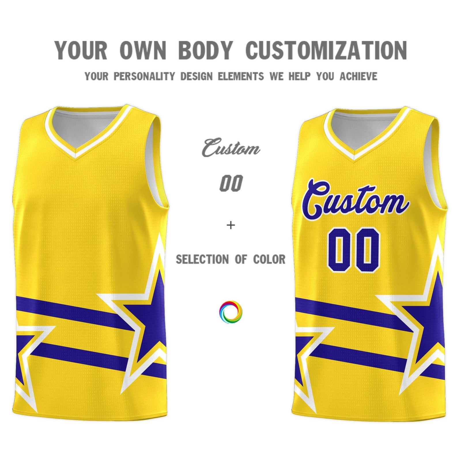 Custom Gold Basketball Kits With Royal Star Pattern And Double Lines