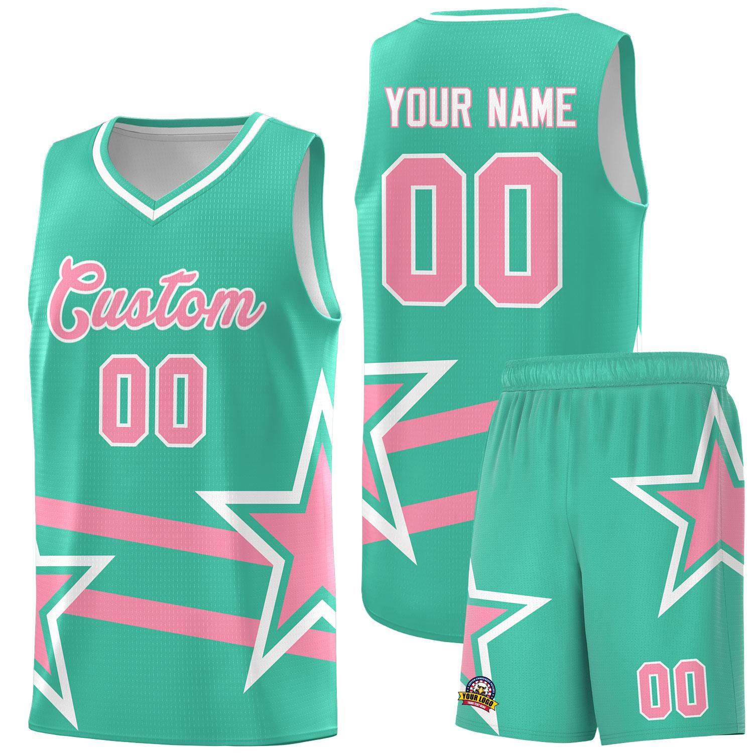 Custom Bright Green Basketball Kits With Light Pink Star Pattern And Double Lines