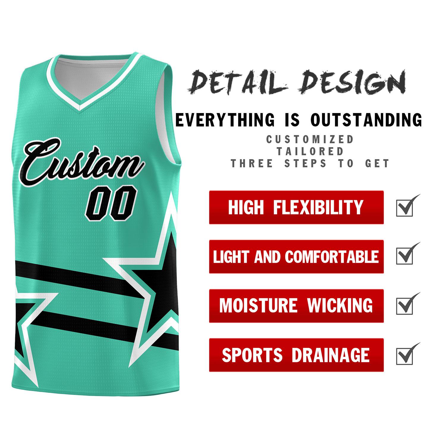 Custom Bright Green Basketball Kits With Black Star Pattern And Double Lines