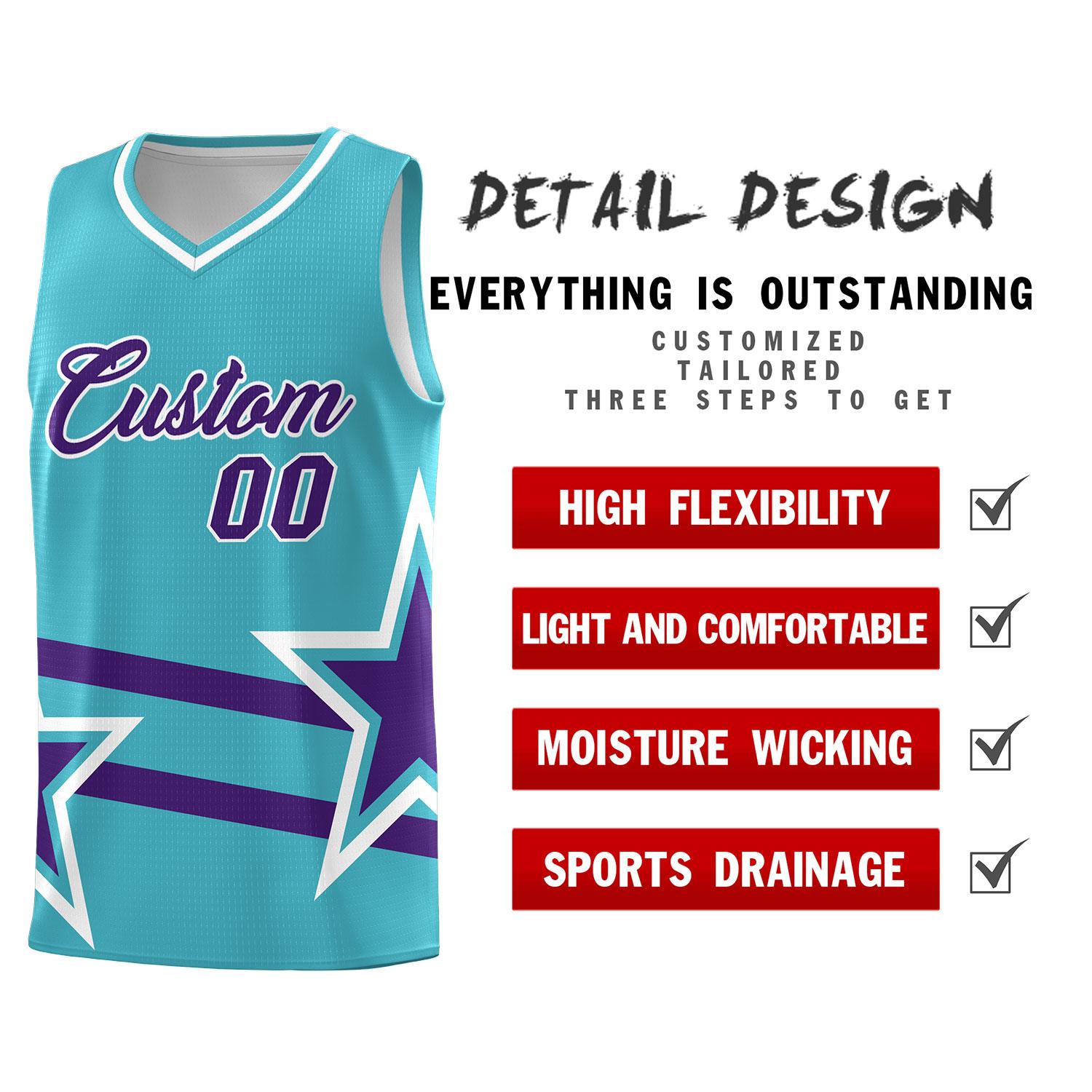 Custom Sky Blue Basketball Kits With Purple Star Pattern And Double Lines