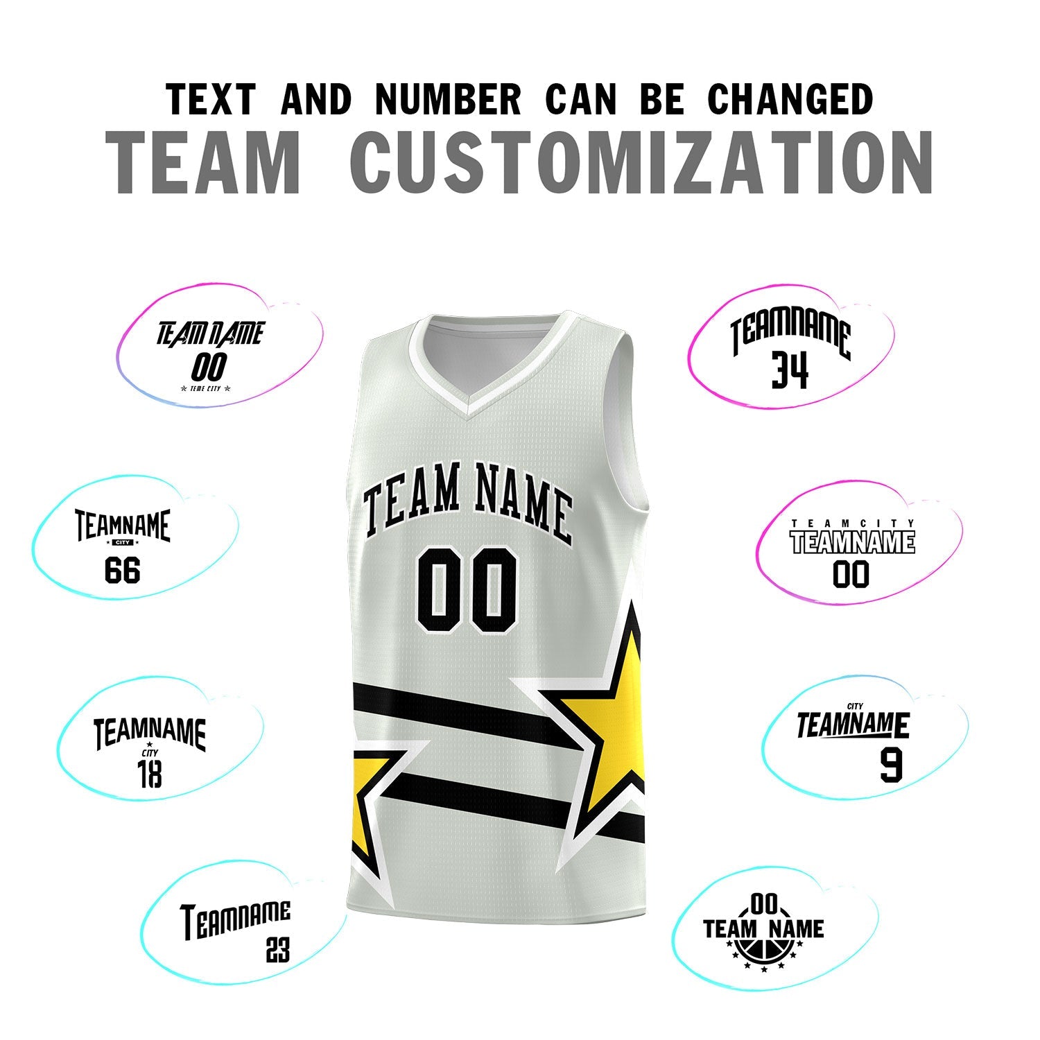 Custom Gray Basketball Kits With Gold Star Pattern And Double Lines