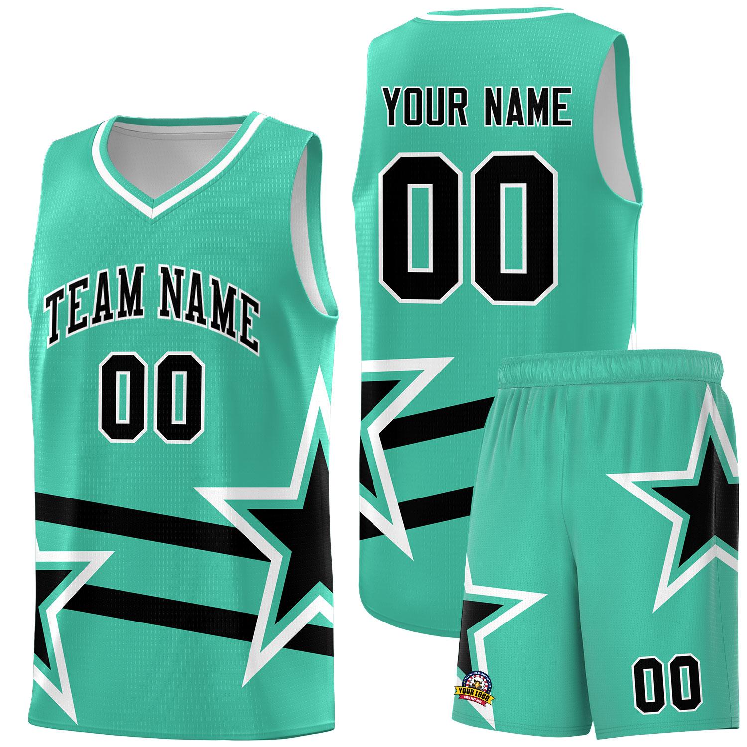 Custom Bright Green Basketball Kits With Black Star Pattern And Double Lines