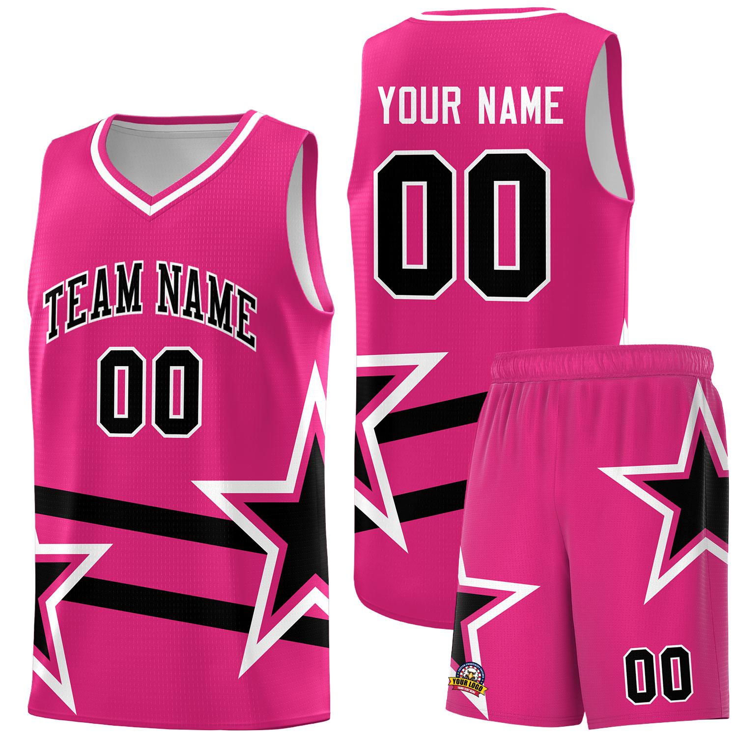 Custom Rose Red Basketball Kits With Black Star Pattern And Double Lines