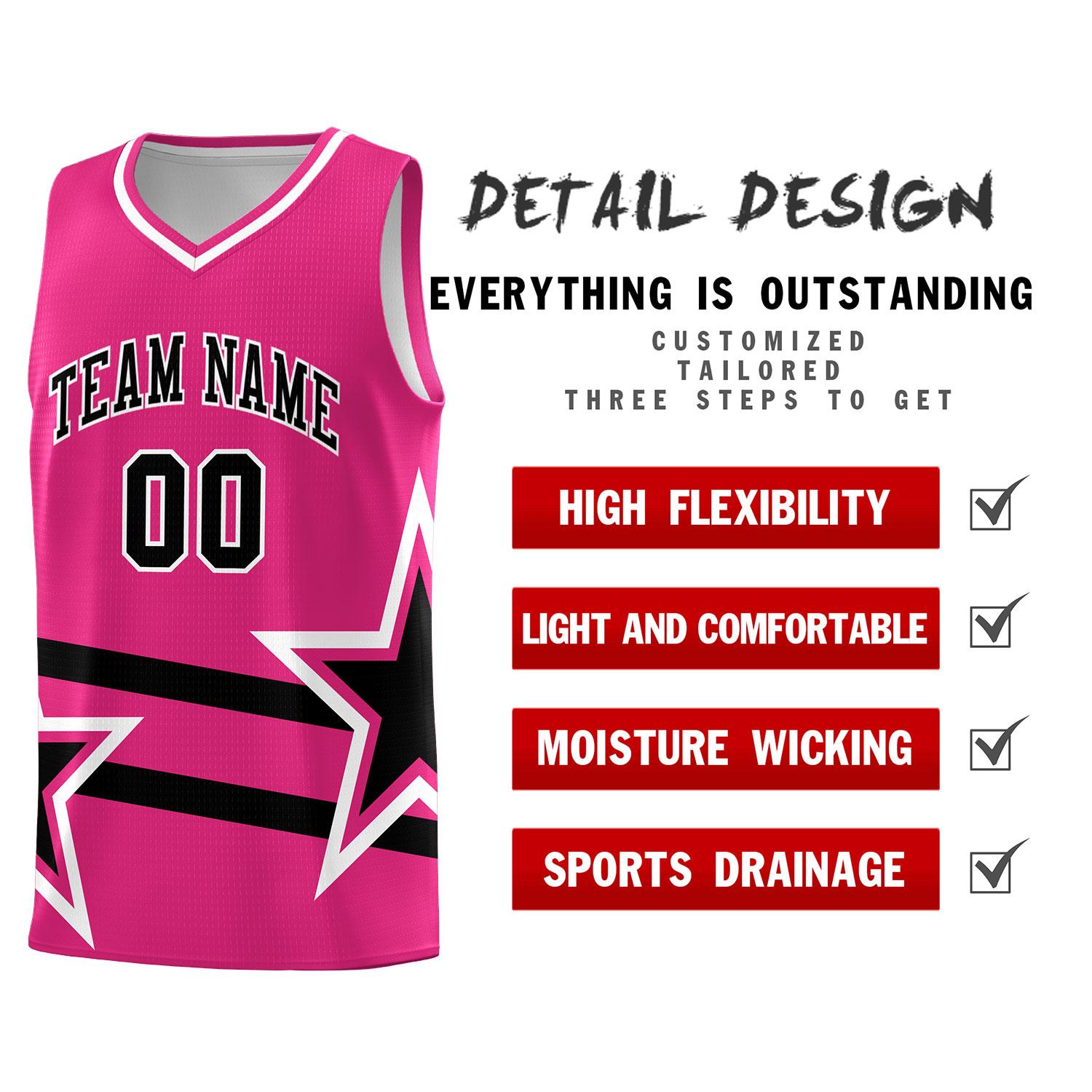 Custom Rose Red Basketball Kits With Black Star Pattern And Double Lines