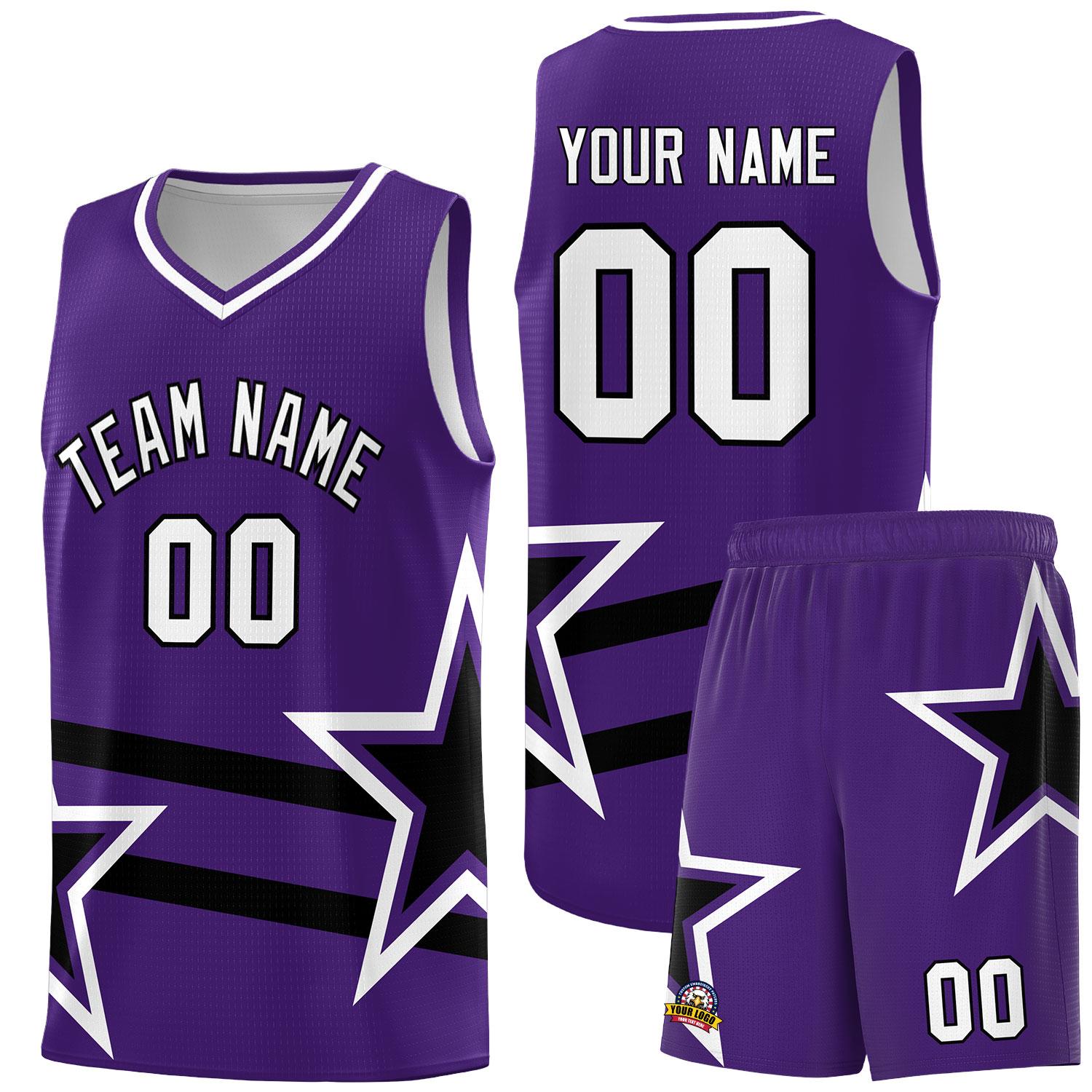 Custom Purple Basketball Kits With Black Star Pattern And Double Lines