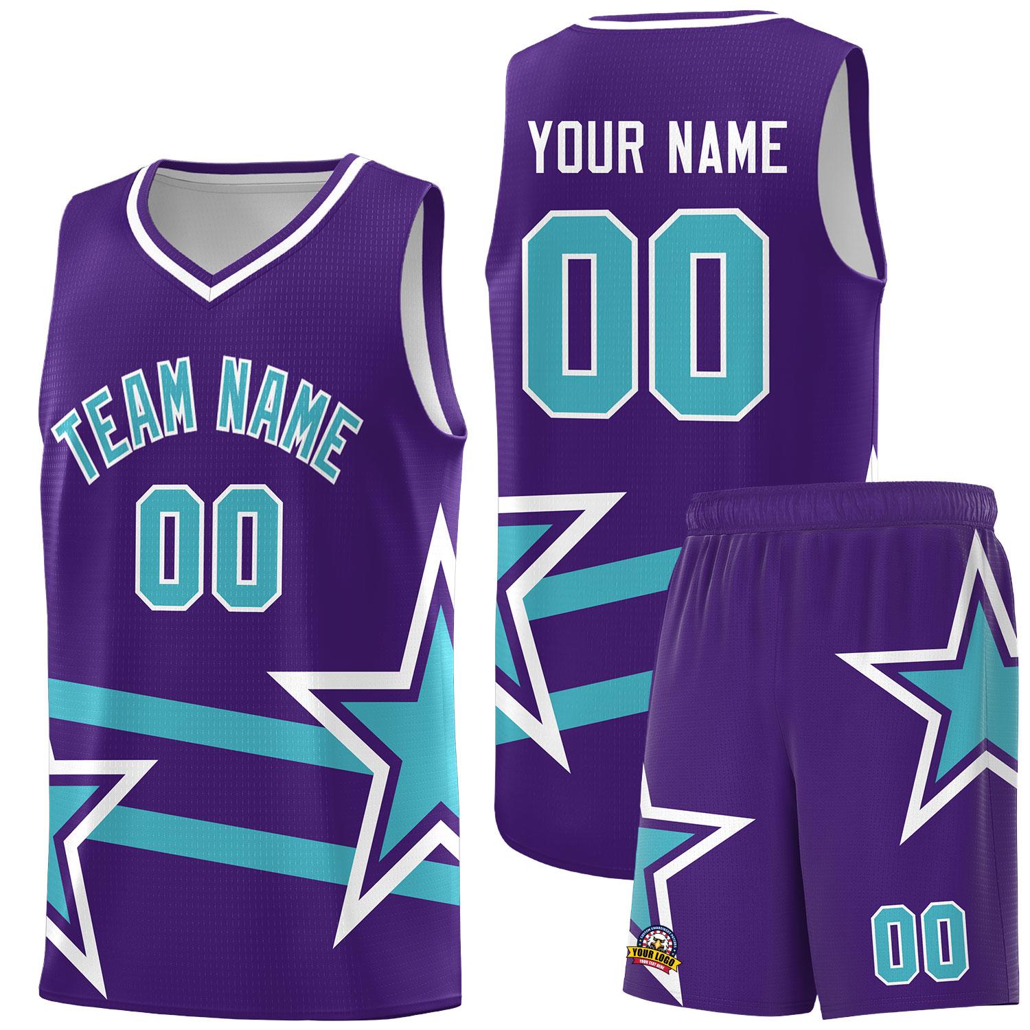 Custom Purple Basketball Kits With Sky Blue Star Pattern And Double Lines