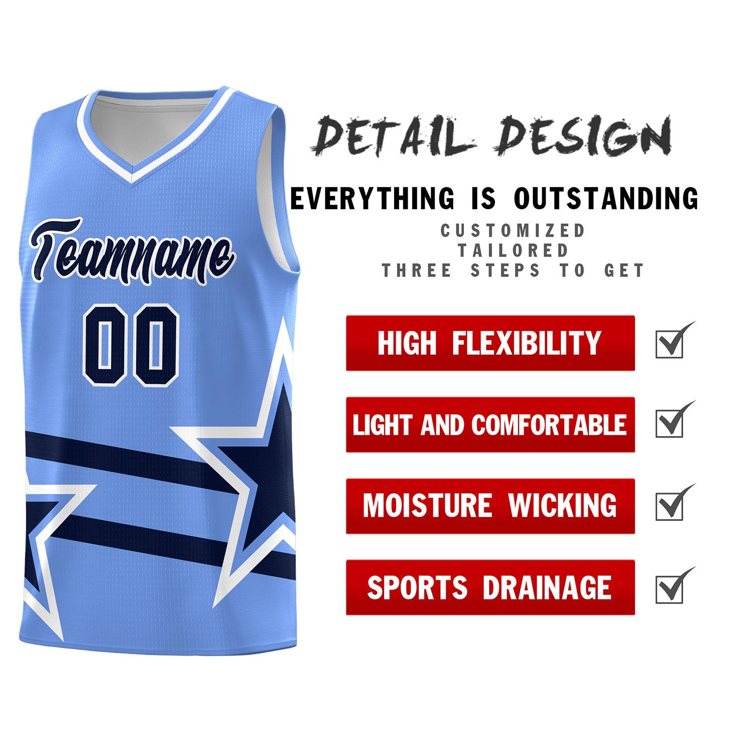 Custom Light Blue Basketball Kits With Navy Star Pattern And Double Lines