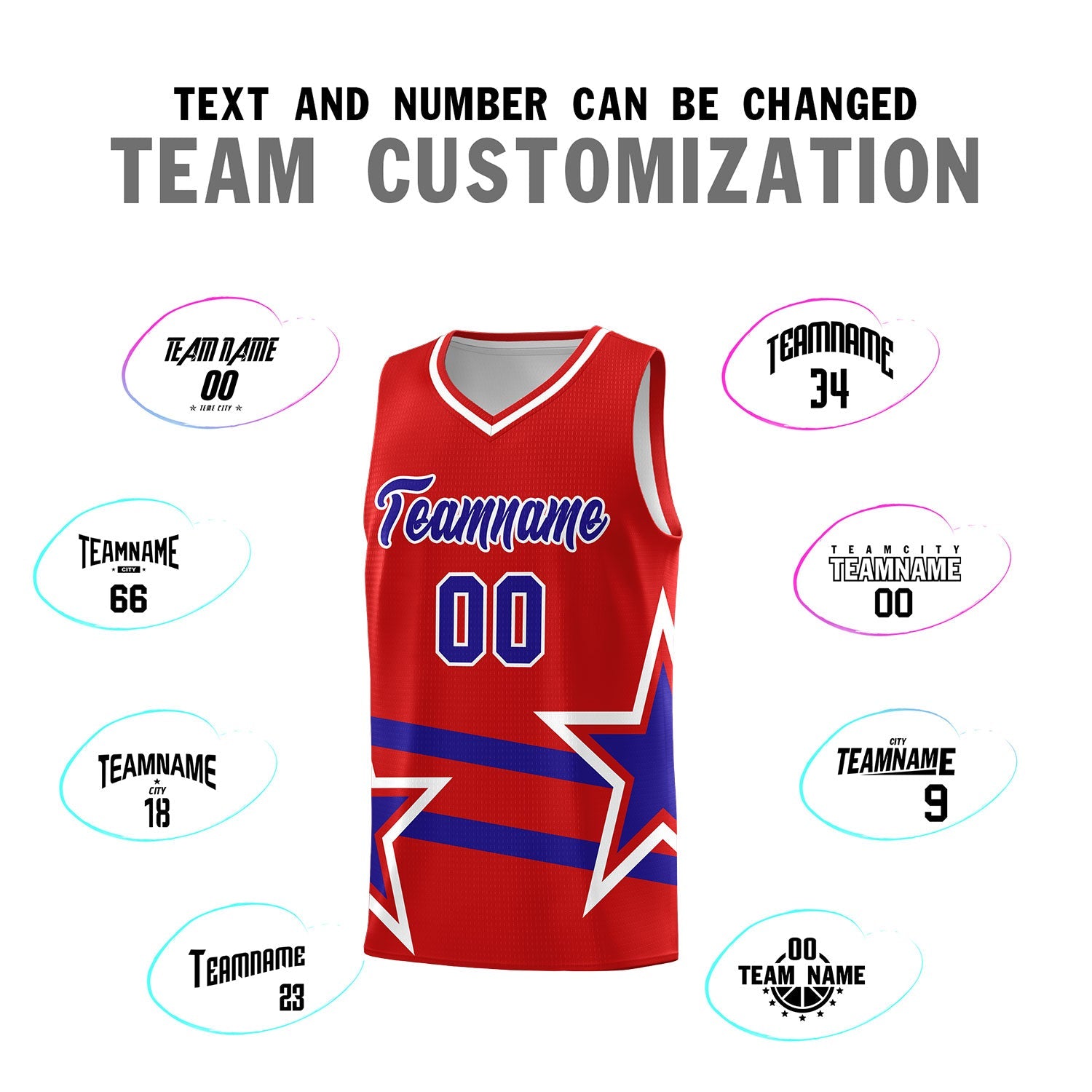 Custom Red Basketball Kits With Royal Star Pattern And Double Lines