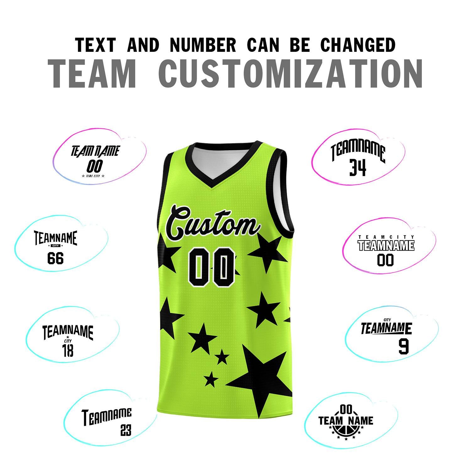 Custom Light Green Black Graffiti Pattern Star Print Basketball Jersey Sets