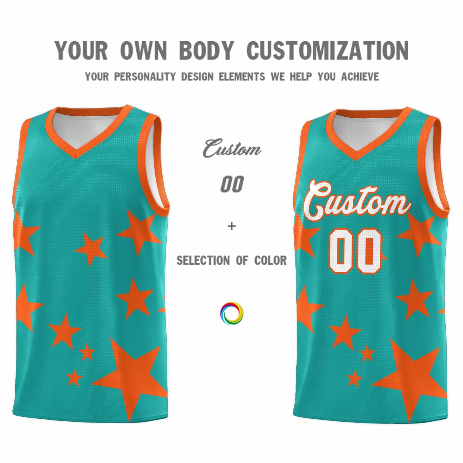 Custom Aqua Orange Graffiti Pattern Star Print Basketball Jersey Sets
