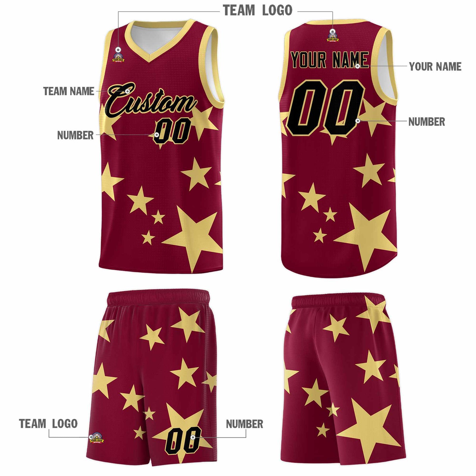 Custom Crimson Khaki Graffiti Pattern Star Print Basketball Jersey Sets