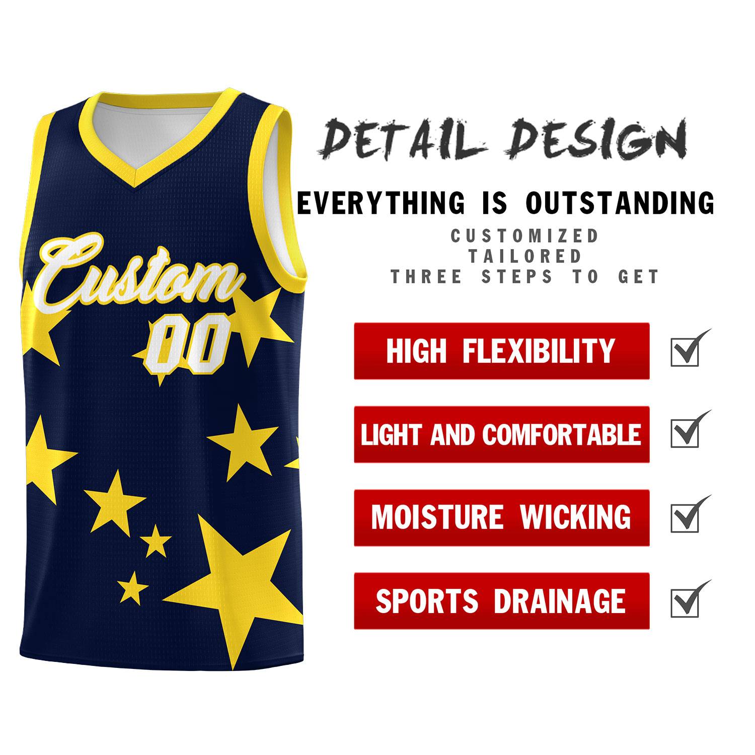 Custom Navy Gold Graffiti Pattern Star Print Basketball Jersey Sets