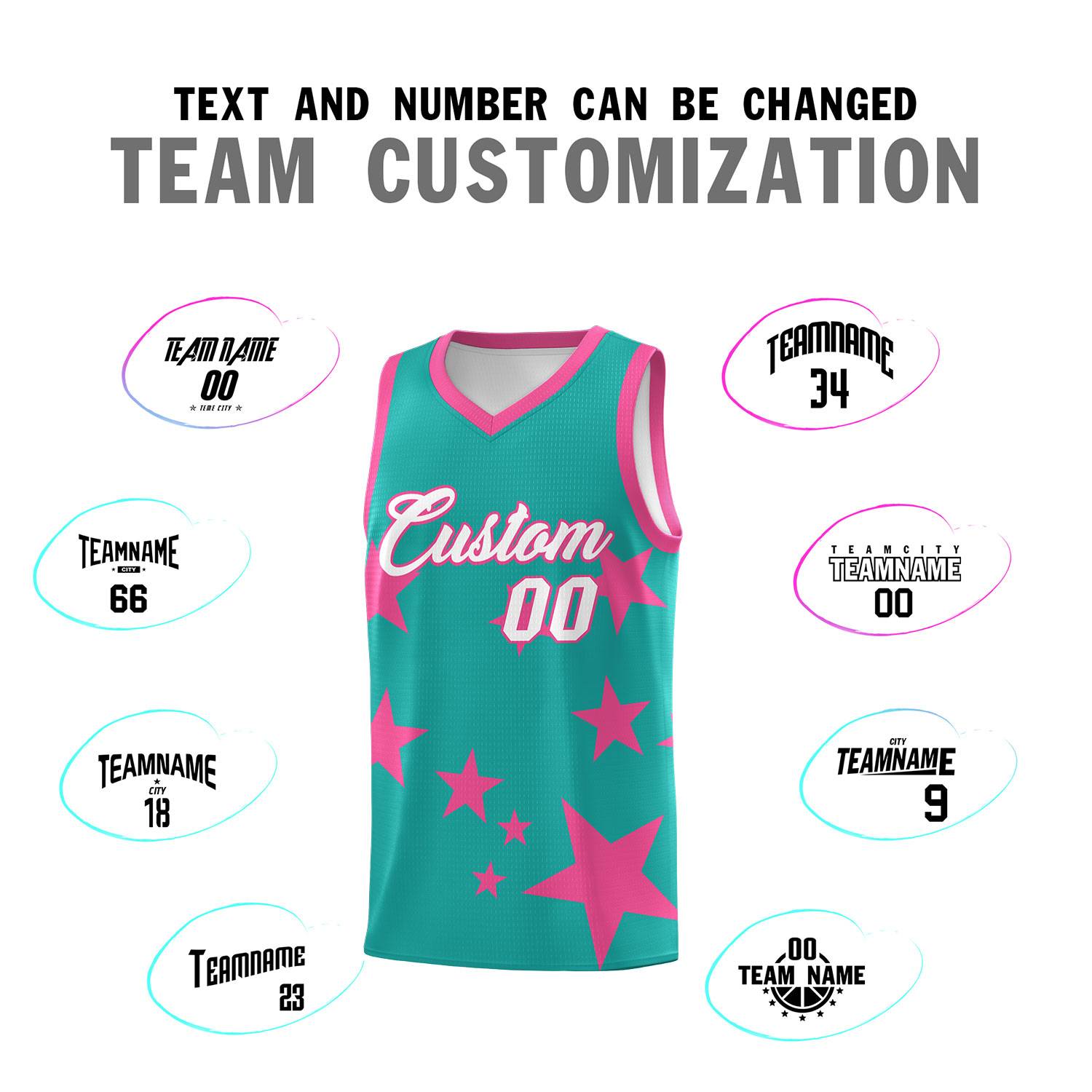 Custom Aqua Pink Graffiti Pattern Star Print Basketball Jersey Sets