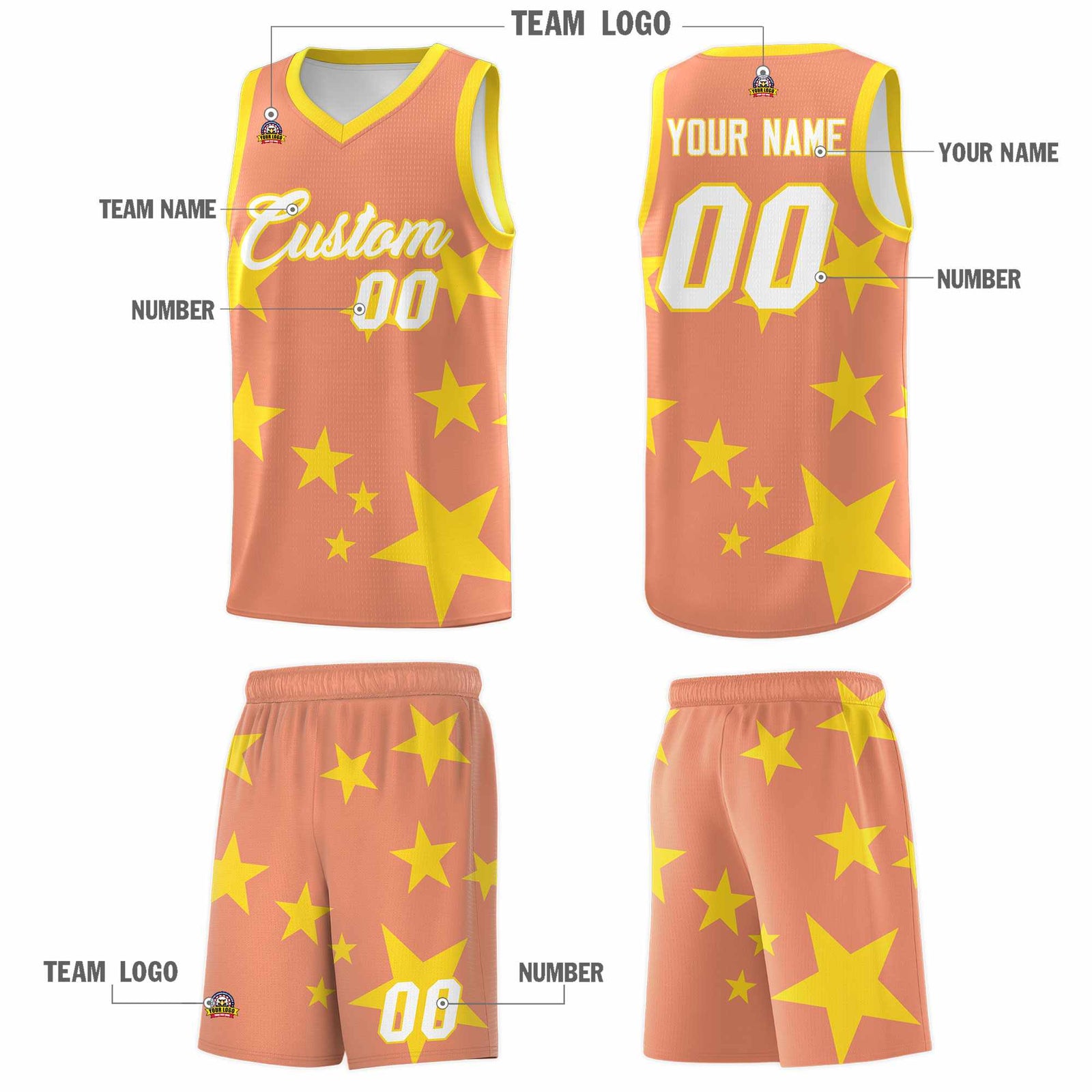 Custom Light Orange Gold Graffiti Pattern Star Print Basketball Jersey Sets