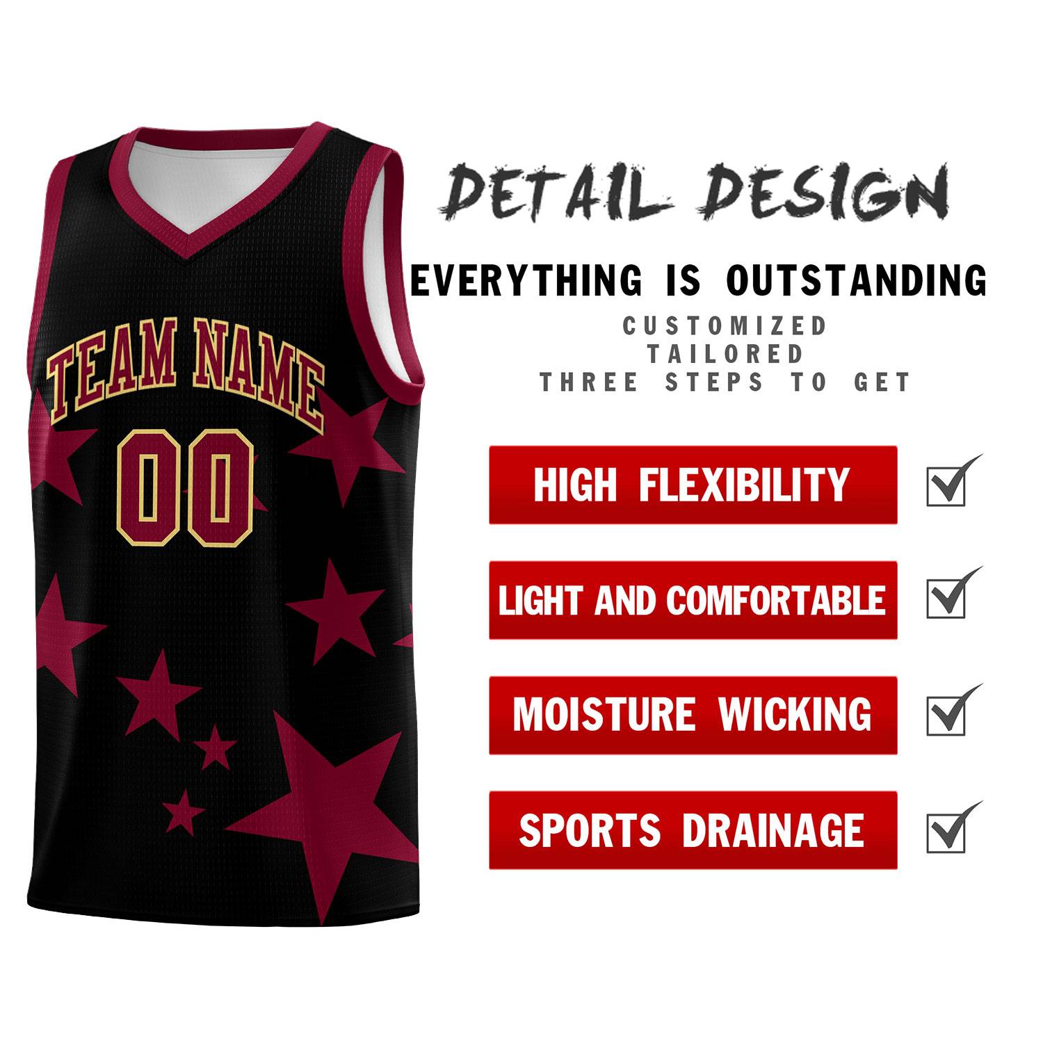 Custom Black Crimson Graffiti Pattern Star Print Basketball Jersey Sets