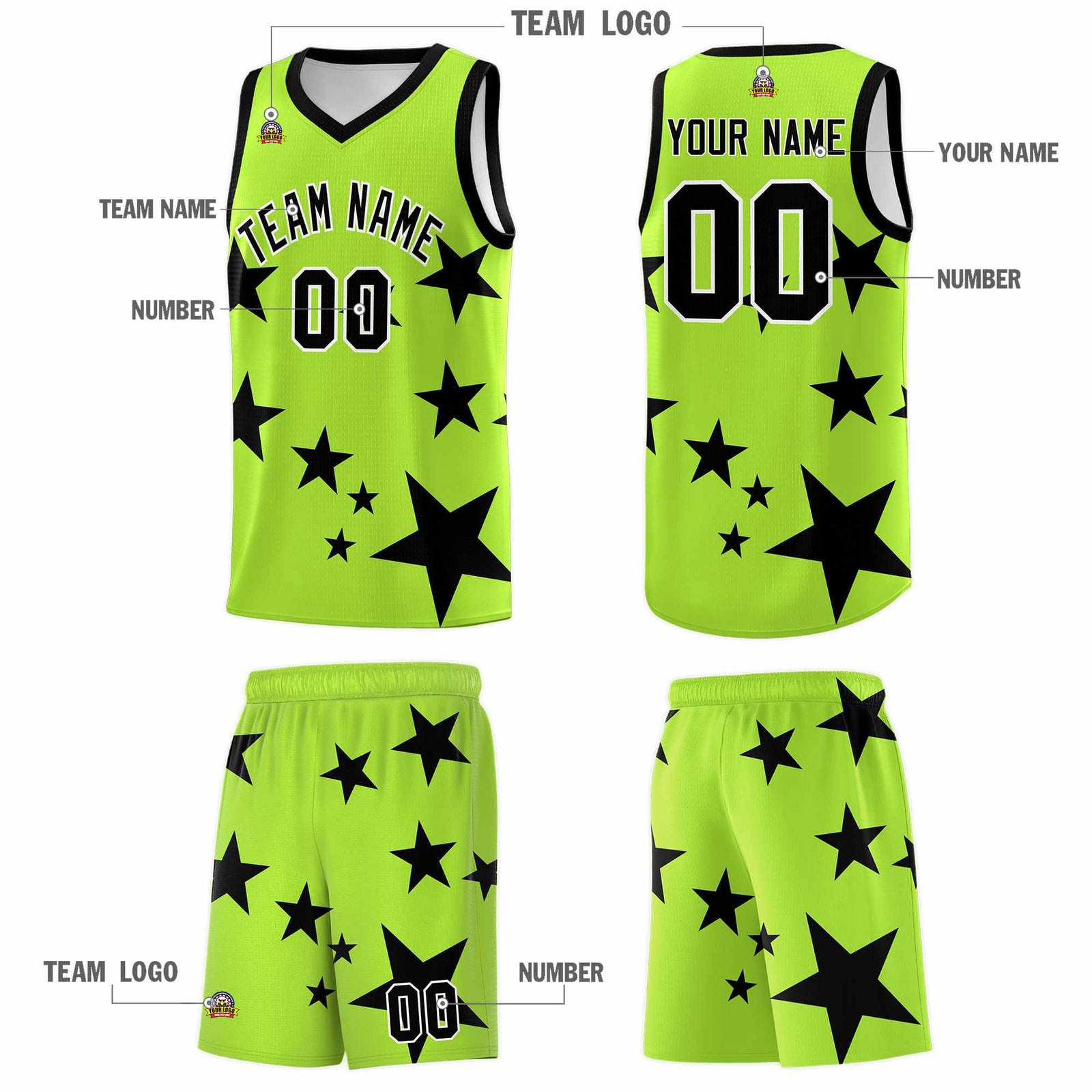 Custom Light Green Black Graffiti Pattern Star Print Basketball Jersey Sets
