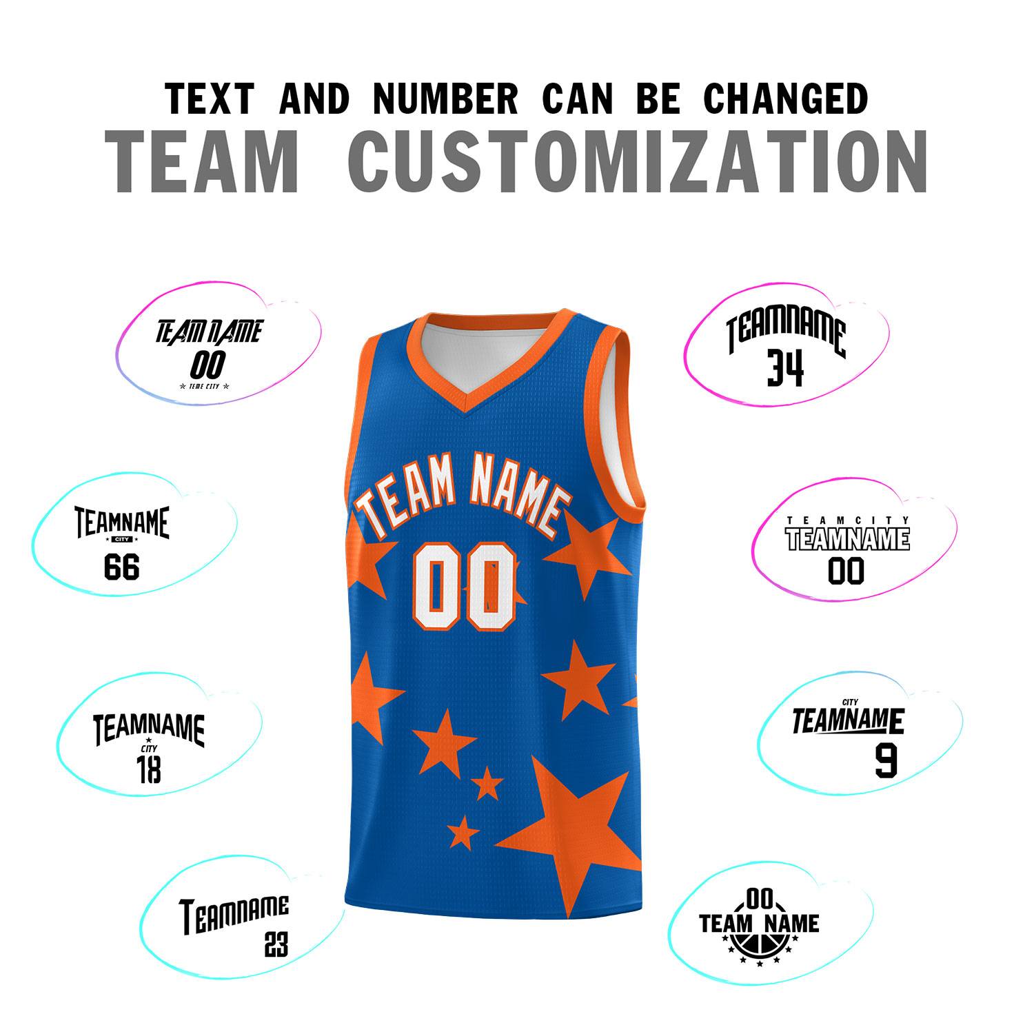 Custom Royal Orange Graffiti Pattern Star Print Basketball Jersey Sets