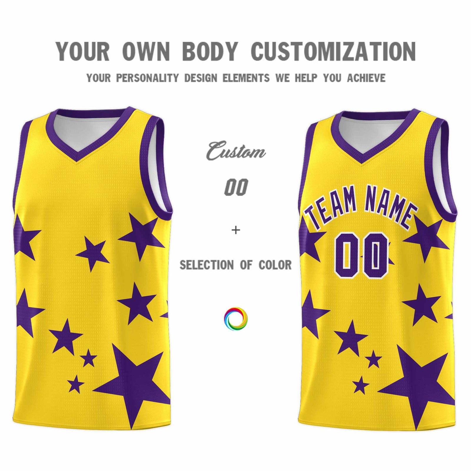 Custom Gold Purple Graffiti Pattern Star Print Basketball Jersey Sets