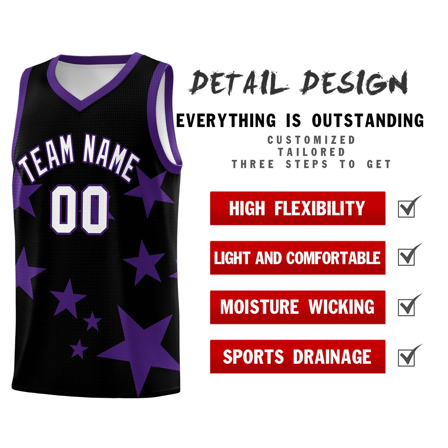 Custom Black Purple Graffiti Pattern Star Print Basketball Jersey Sets