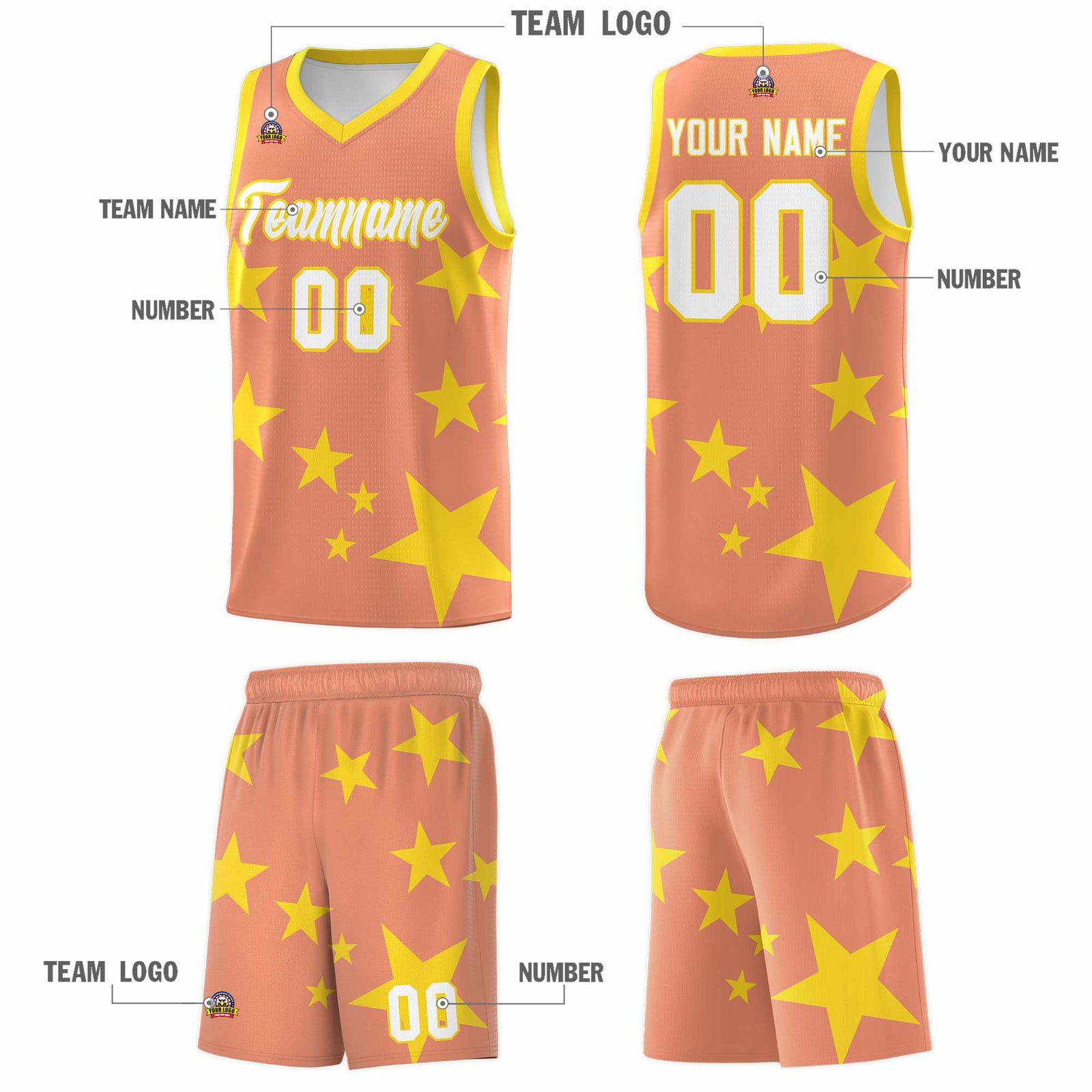 Custom Light Orange Gold Graffiti Pattern Star Print Basketball Jersey Sets